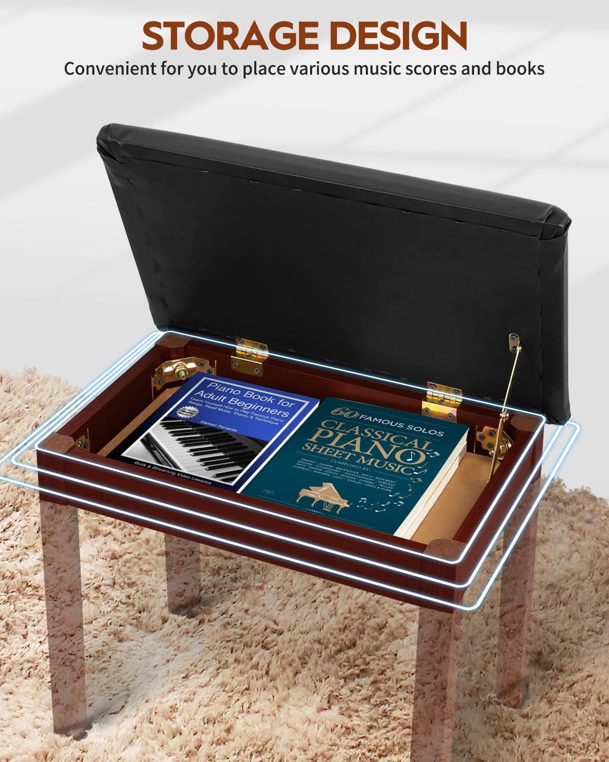 STRICH Piano Bench with Storage, Solid Wood Keyboard Bench Piano Bookcase Stool Chair Seat with Padded Cushion, Deep Brown