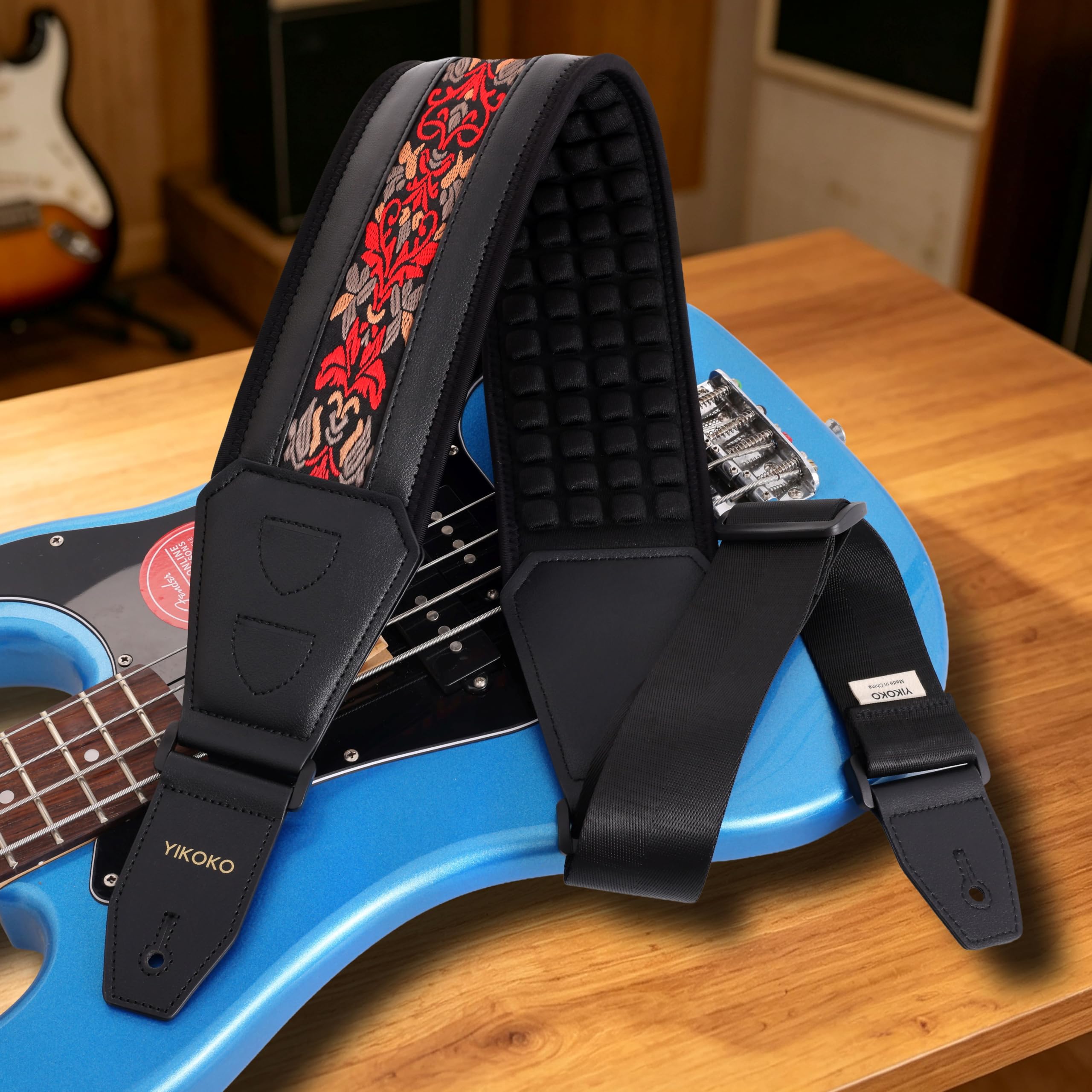 YIKOKO Bass Guitar Straps for Electric Guitar & Bass 3.6″ Wide Padded Straps, Cotton Embroidered, Adjustable Length, with 3D Sponge Filled Foam Pad, with 4 Picks and 2 Strap Locks