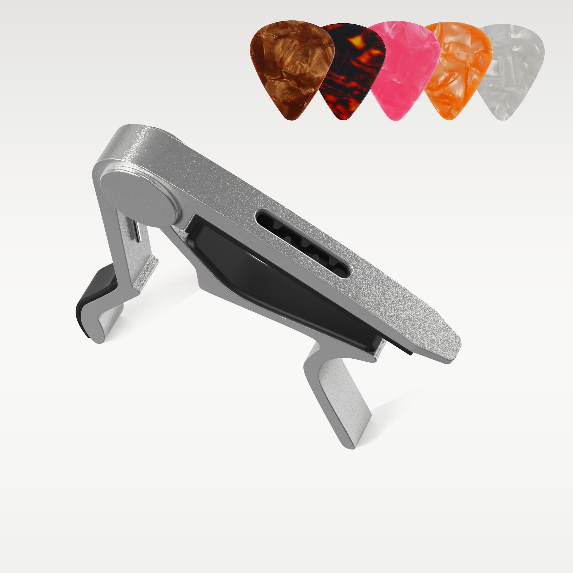 Capo, Guitar Capo with Pick Holder and 5 Picks, Guitar Clamp, Guitar Kapo, Capo for Acoustic & Electric Guitar, Ukulele, Banjo, Mandolin (Black & Silver)