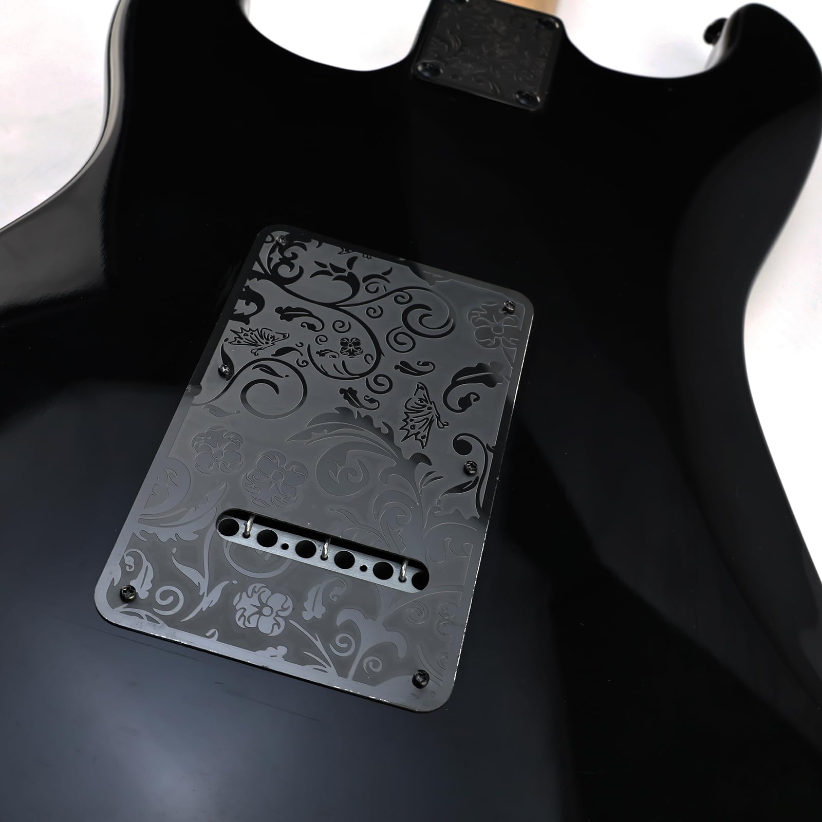 OVSAL Stainless Steel Guitar Back Plate 6 holes Engraved Metal Trem Tremolo Cover Electric Guitar Back Cover Plate Compatible with USA/Mexican Standard FD Strat ST Replacement Parts (Black)