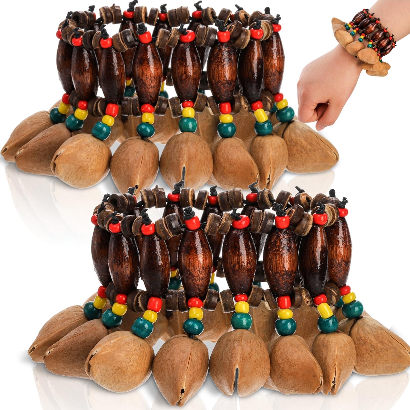 Pumtus 2 Pcs African Tribal Style Nut Shell Bracelet, Seed Shell Dance Bracelet, Natural Shaker Bell Wristband, Craft Handbell Wrist Bell, Percussion Instrument Accessories for Dance, Yoga, ASMR