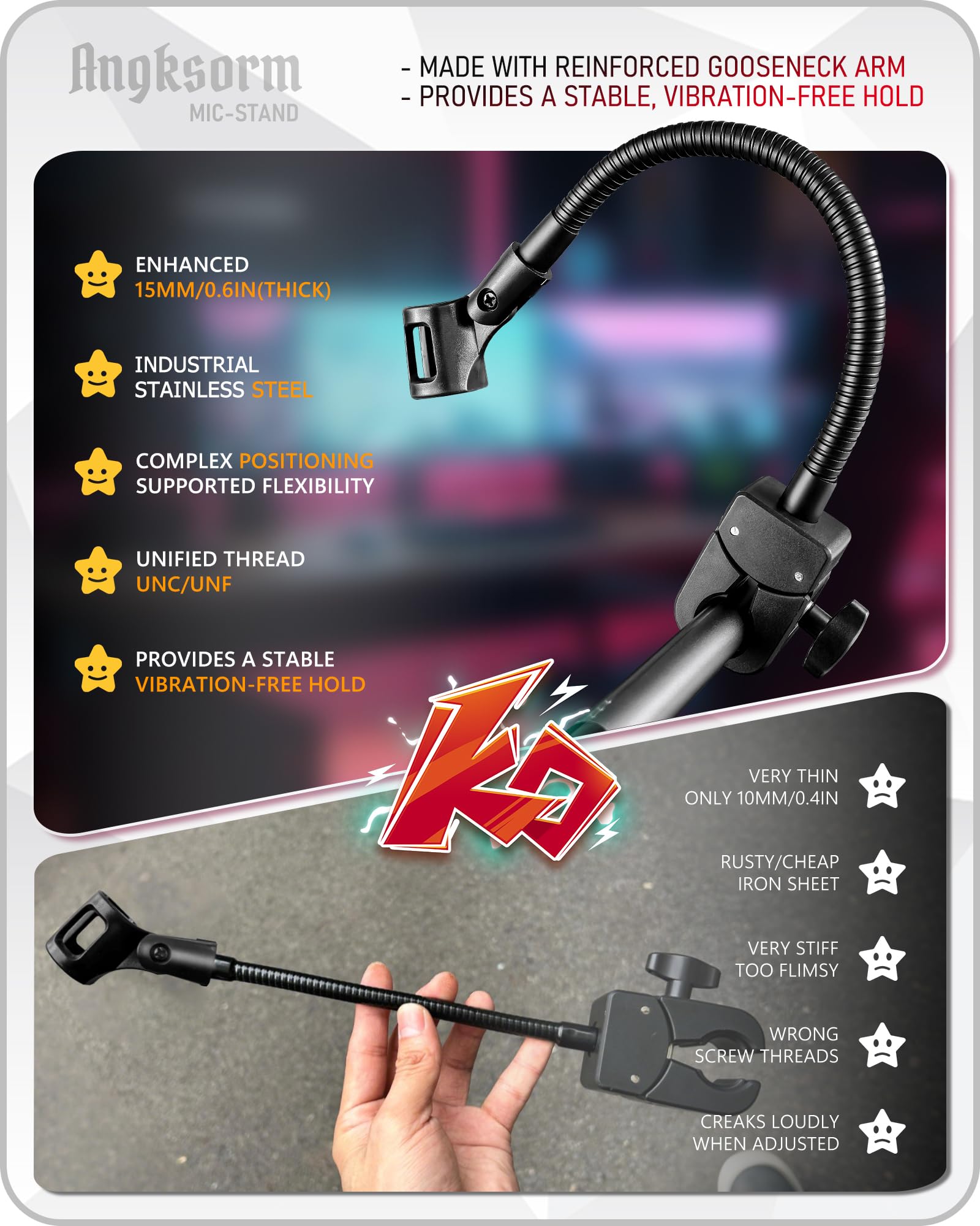 Angksorm KBC1458 Heavy-Duty Flexible Gooseneck Mic Arm with Super Crab Clamp Mount, 19″ Adjustable Microphone Stand Holder for Tripod Podcast, Streaming, Gaming, DJs, Bass Drum, Lectures
