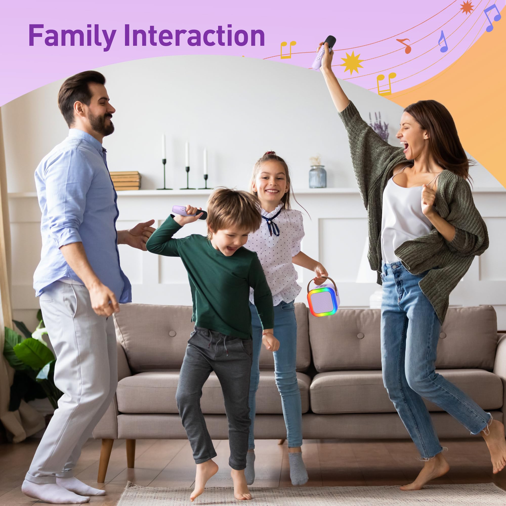 Mini Karaoke Machine: Mini Karaoke Machine with 2 Wireless Karaoke Microphones and Light for Family Home Party – Portable Singing Karaoke Speaker – Stage-subwoofers (Purple)