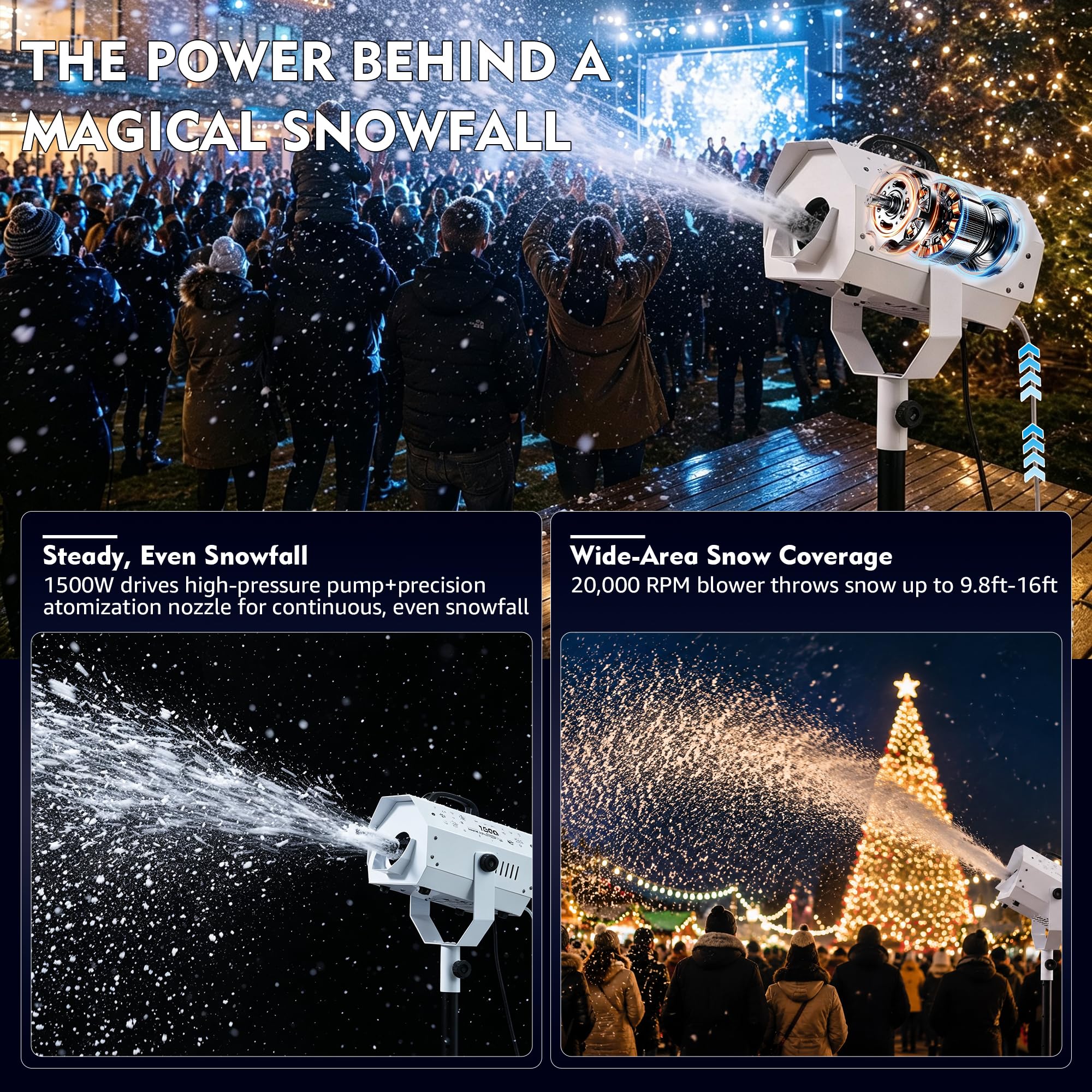 Snow Machine, 1500W Artificial Snow Making with Wireless Remote, Adjustable Snowflake Size & 59–69″ Stand, Snow Generator Fake Snow Maker for Christmas, Parties, Weddings & Holiday Events