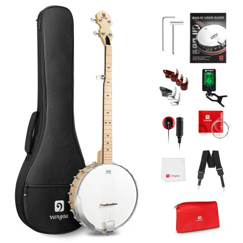 Vangoa 5 String Banjo Open Back Full Size Clawhammer Beginner Kit with Frosted Remo Head, Maple Banjo with Geared 5th Tuner, Natural
