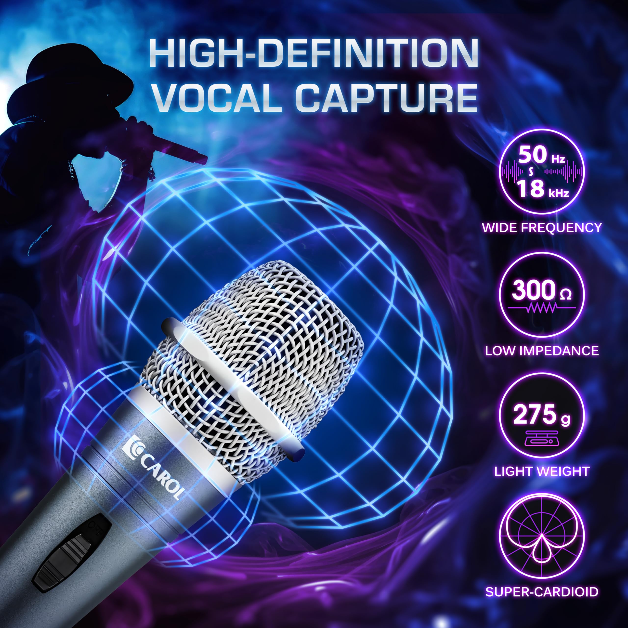 CAROL Edur-916S Silver XLR Wired Vocal Microphone for Singing-Supercardioid