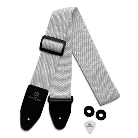 Riffi Audio Lite 1.0 Adjustable 2″ Wide Guitar Strap With Pick & Locks For Acoustic, Electric, And Bass Guitars (White)