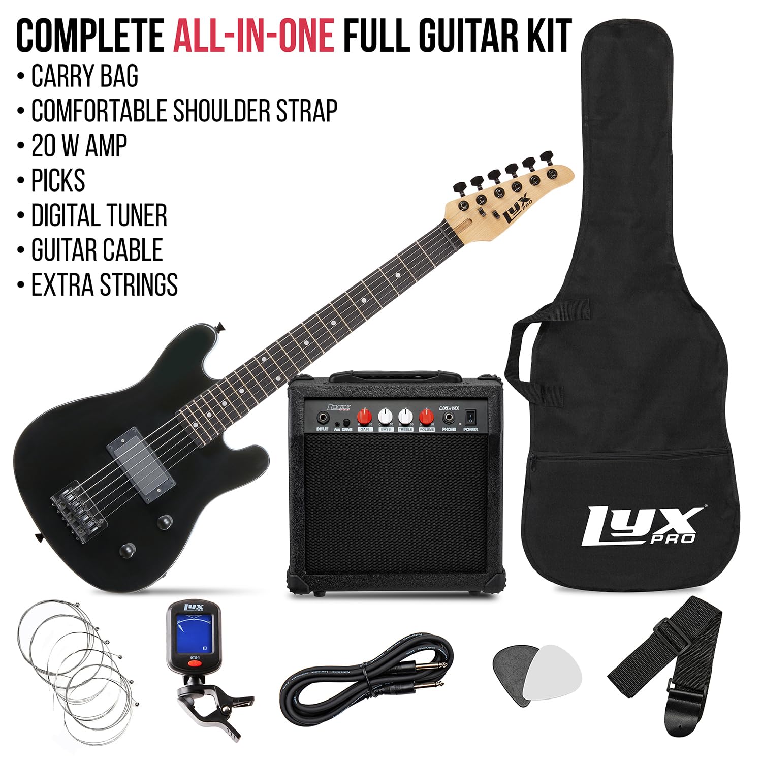 LyxPro 30 Inch Electric Guitar and Starter Kit for Kids with 3/4 Size Beginner’s Guitar, Amp, Six Strings, Two Picks, Shoulder Strap, Digital Clip On Tuner, Guitar Cable and Soft Case Gig Bag – Black
