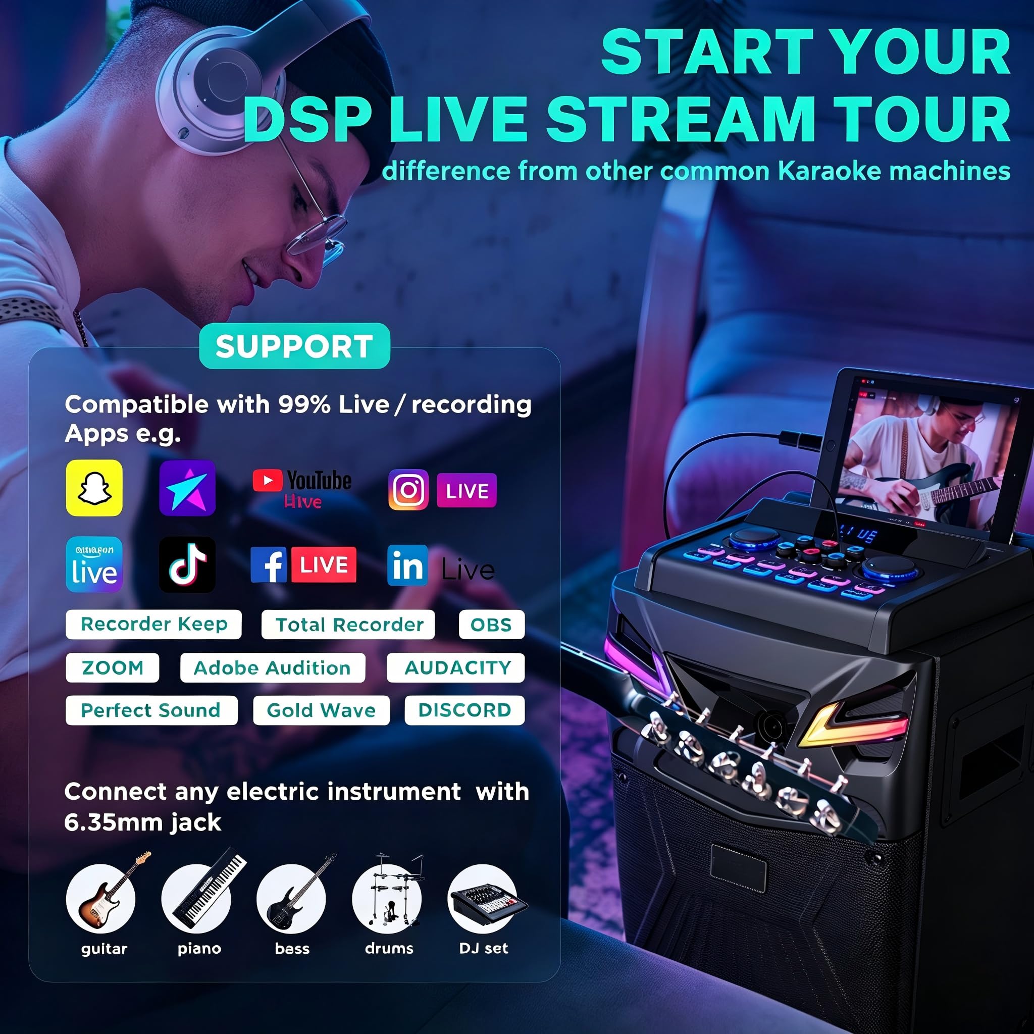 GPSK-1 DSP Bluetooth Karaoke Machine with 2 Microphones for Karaoke Parties and Live Streaming, Professional Karaoke Speaker with Digital Recording,Sound Effect,DJ Lights,FM (6.5 inch)