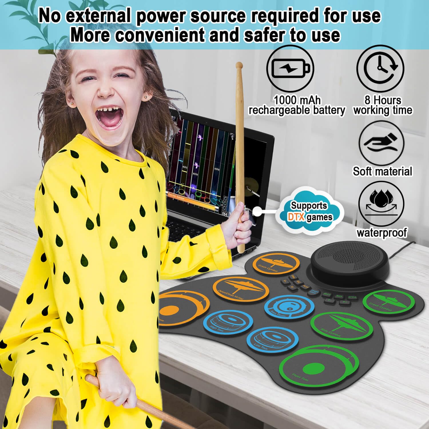 Roll Up Electric Drum Set for Quiet Practice, Kids, Beginners, 9 pads