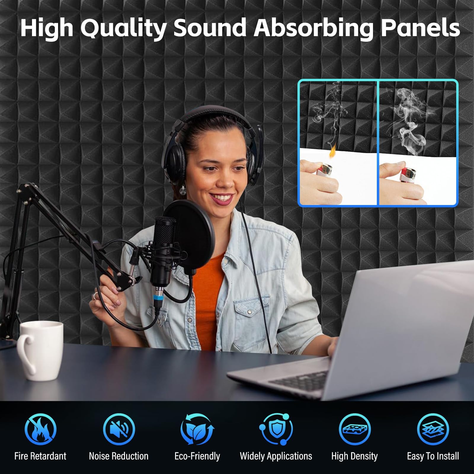 Pyramid Sound Proof Foam Panels 12 Pack, Bwaliffury High Density Self-Adhesive Sound Absorbing, 12″ X 12″ X 2″ Fire Resistant Acoustic Foam Panels, Sound Panels, Studio Foam for Wall, Ceiling (Black)