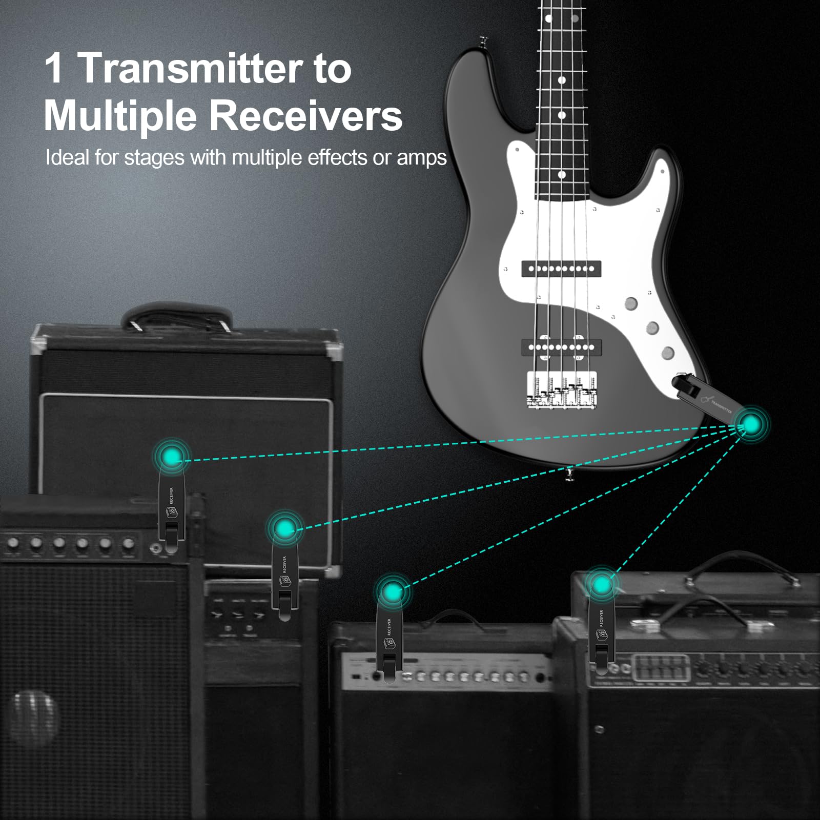 Wireless Guitar System, Digital Wireless System Wireless Guitar Transmitter Receiver Support Multi Channels Rechargeable Long Battery Life for Guitar Bass Electric Instruments (Dark Black)