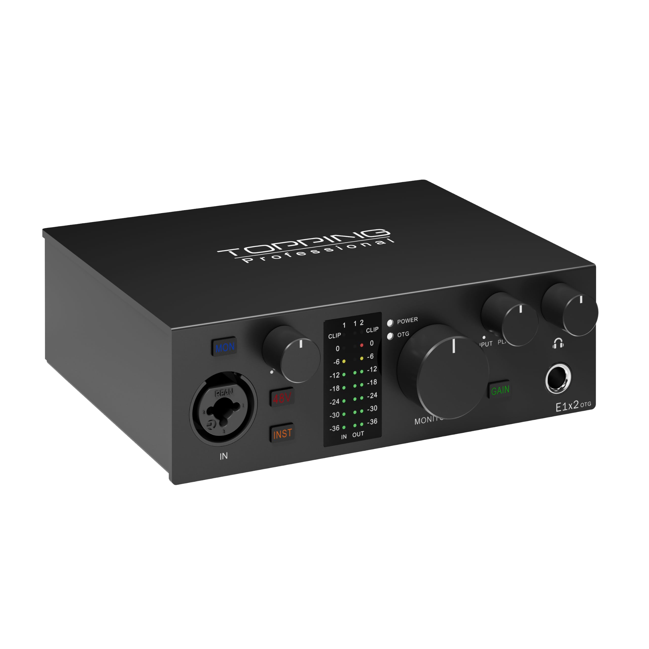 TOPPING E1X2 OTG USB Audio Interface | XLR Mic Preamp, 48V Phantom Power, 24bit/192kHz, 8 DAW/6 Loopback Channels, PC & Mobile Recording, Dual Livestream, Zero-Latency Mixer, High-Res Playback(Black)
