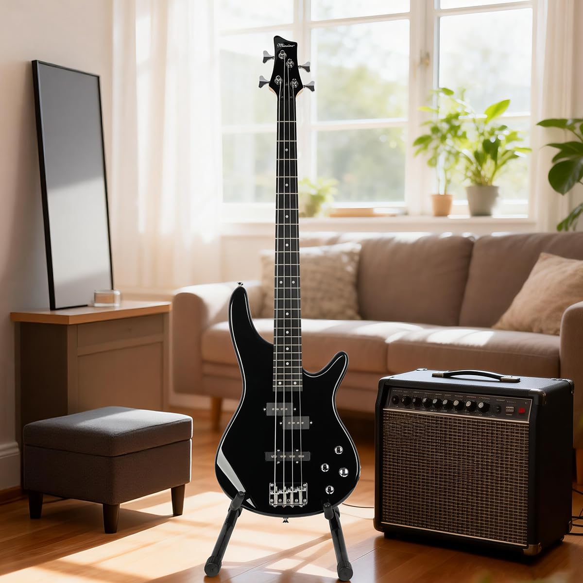 Bullstar Electric Bass Guitar 4 Strings Full-Size Standard Bass PB-Style Beginner Kit Black for Starter with Gig Bag Guitar Strap and Guitar Cable(PJ-Black)