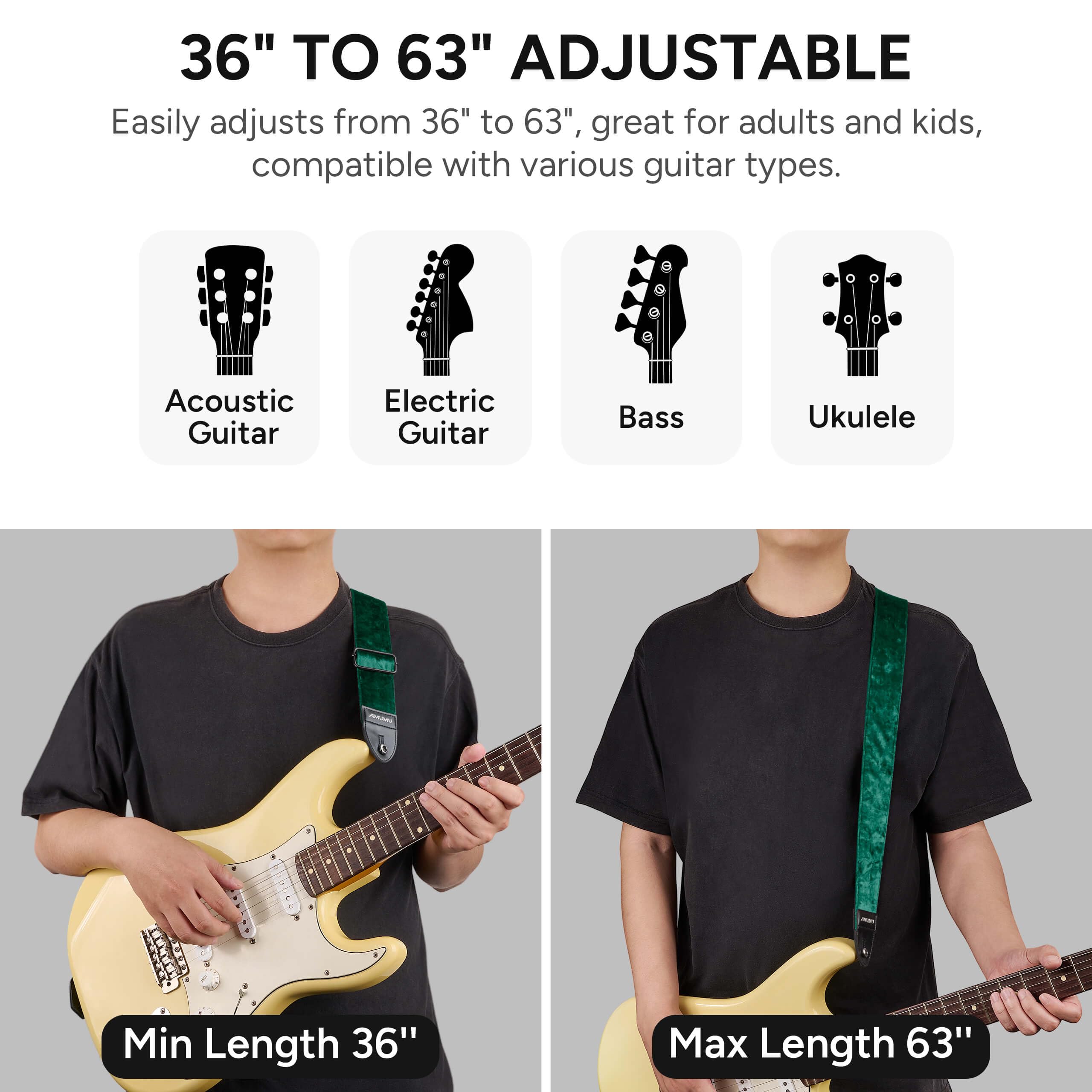 Amumu Flocked Velvet Guitar Strap with Microfiber Leather Ends – Guitar Accessories – Fits Acoustic, Bass and Electric Guitar – Green