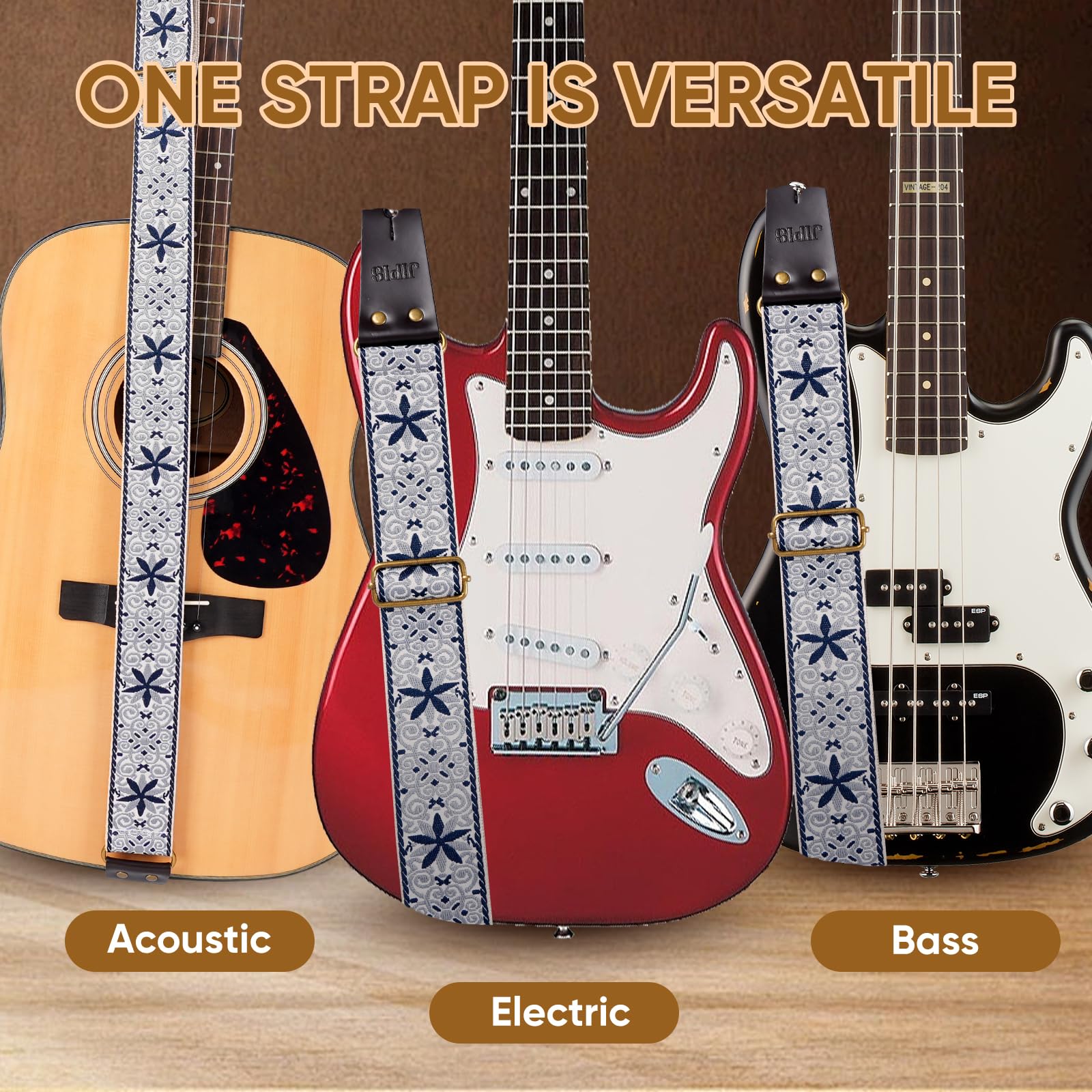 JIPIS Guitar Strap for Acoustic/Electric Guitars/Bass,with Free 1 Head strap, 2 Anti Slip Buckles, 3 Guitar Picks (GS-89-1 Petal Blue)