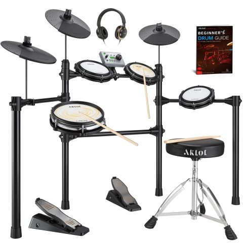 AKLOT Complete Electric Drum Set: 4 Dual-Zone Mesh Pads, Quiet Electronic Drum Set for Beginner with 8” Snare, 360 Sounds, Choke Cymbals, Throne, Headphone, Stick and Lesson Book, B-CORE530Pro, White