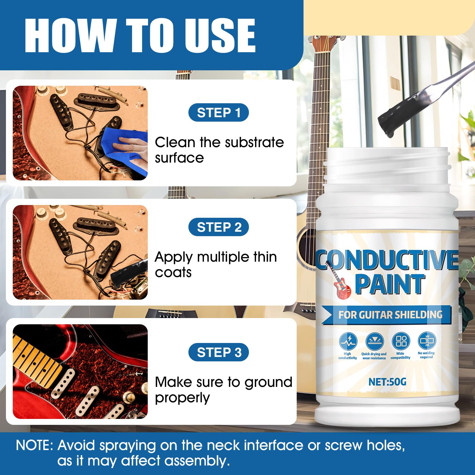 WANJAO Guitar Shielding Paint, Effectively Reduce Buzz&Radio Interference