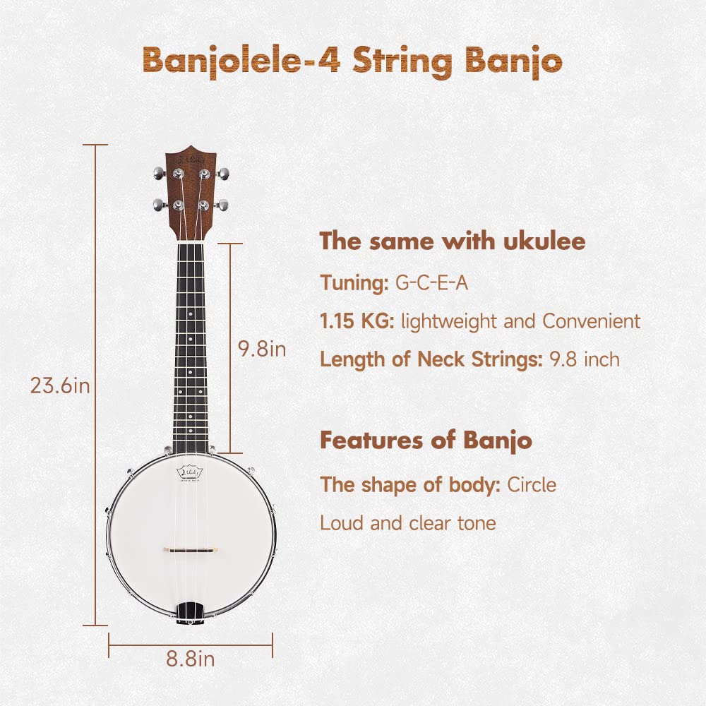 Mulucky 4-String Banjo Ukulele | Banjolele 23″ Sapele Wood with Remo Head & Nylon Strings | Dark Brown Travel Kit (Bag, Tuner, Picks) – BU806