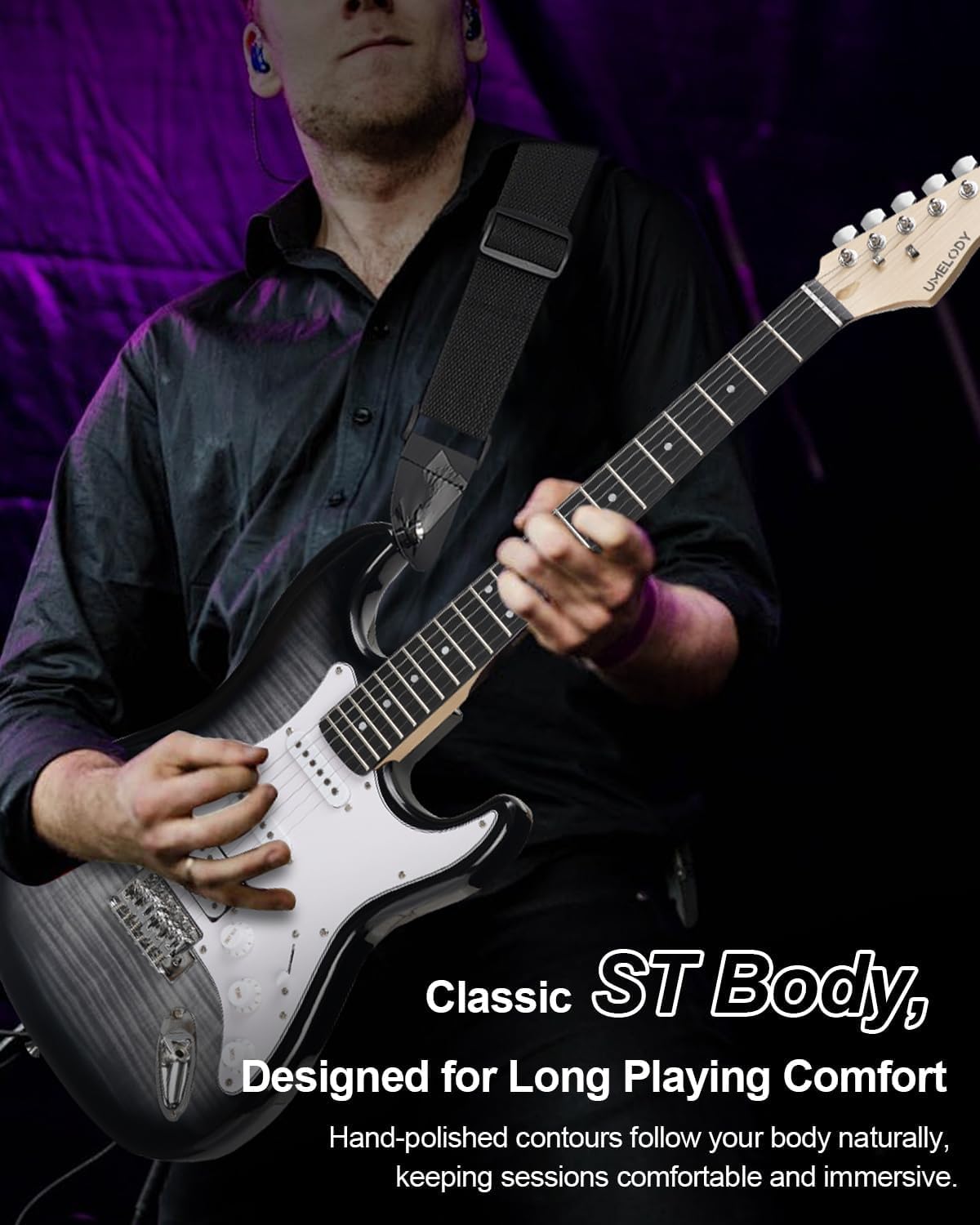 Umelody UST-200 Beginner Electric Guitar Kit HSS Pickup, Versatile 5-Way Switch for Clean to High-Gain Tone, Full-Size ST Style Guitar for Starter & Intermediate Players, Gig Bag (Midnight Black)