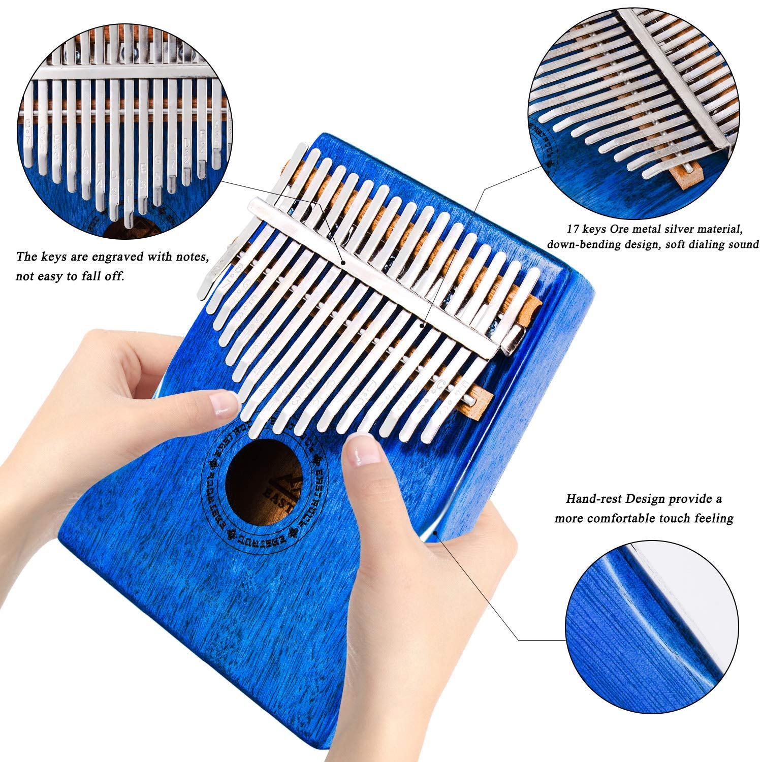 EASTROCK Kalimba Thumb Piano 17 Keys Mbira Blue Mahogany Hand Rest