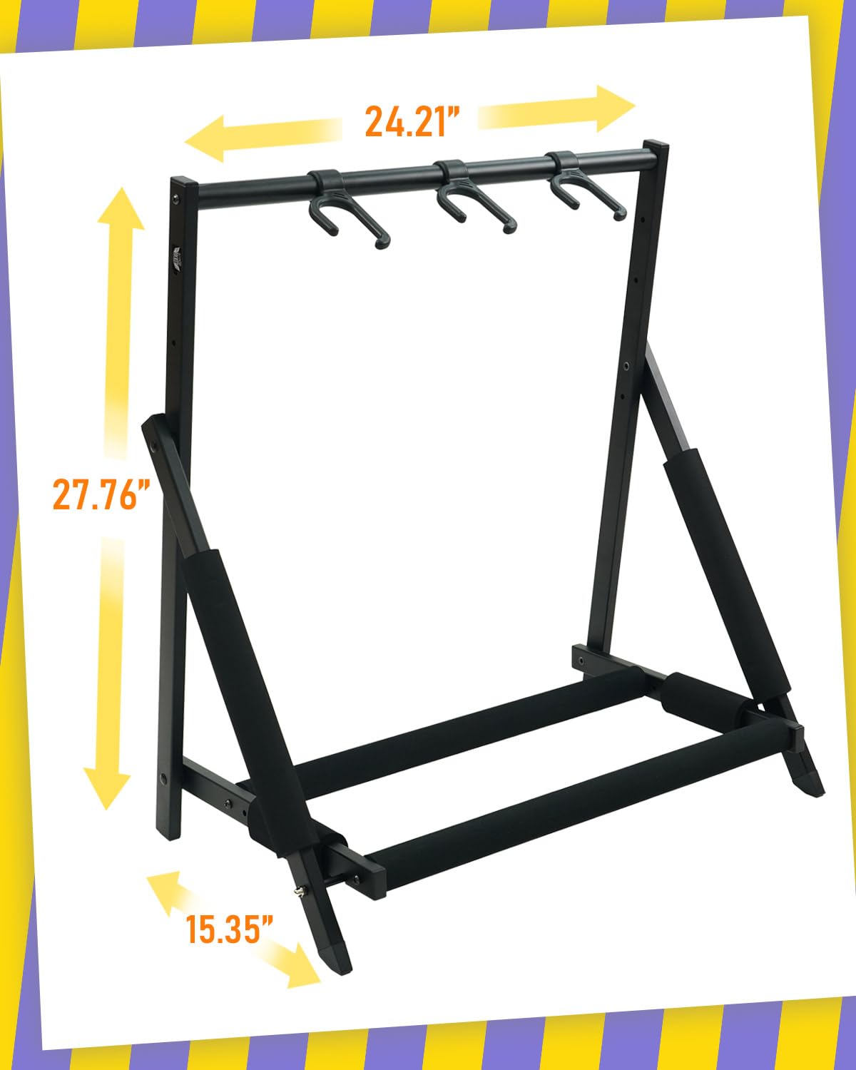 Stage Rocker Multi Guitar Stand, Foldable 3 Holder Rack with Adjustable Height & Width, Easy Assembly & Storage, Reliable Soft Foam Padding to Protect Acoustic or Electric Guitars & Basses, Black.