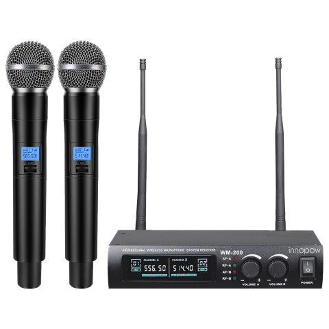 innopow Metal Dual UHF Wireless Microphone System,inp Metal Cordless Mic Set,Fixed Frequency,Long Distance 150-200Ft,16 Hours Continuous Use for Family Party,Church,Small Karaoke Night