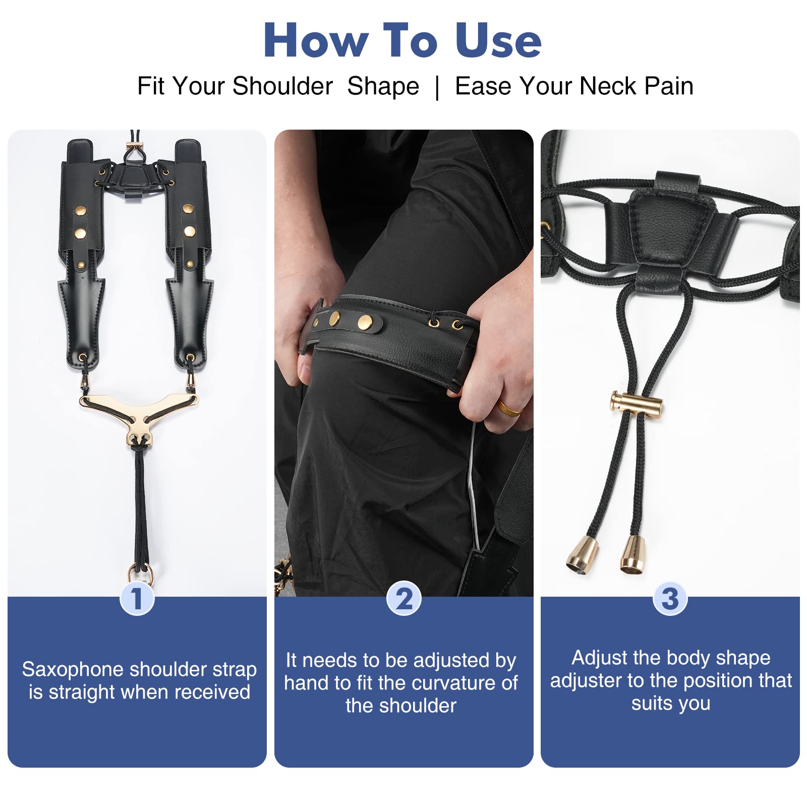 POGOLAB Saxophone Shoulder Strap, Double Shoulder Leather Adjustable Sax Strap with Metal Beam & Sturdy Adjuster, Reduce Neck Stress, Good Comfort, for Alto/Tenor/Baritone/Soprano Saxophone