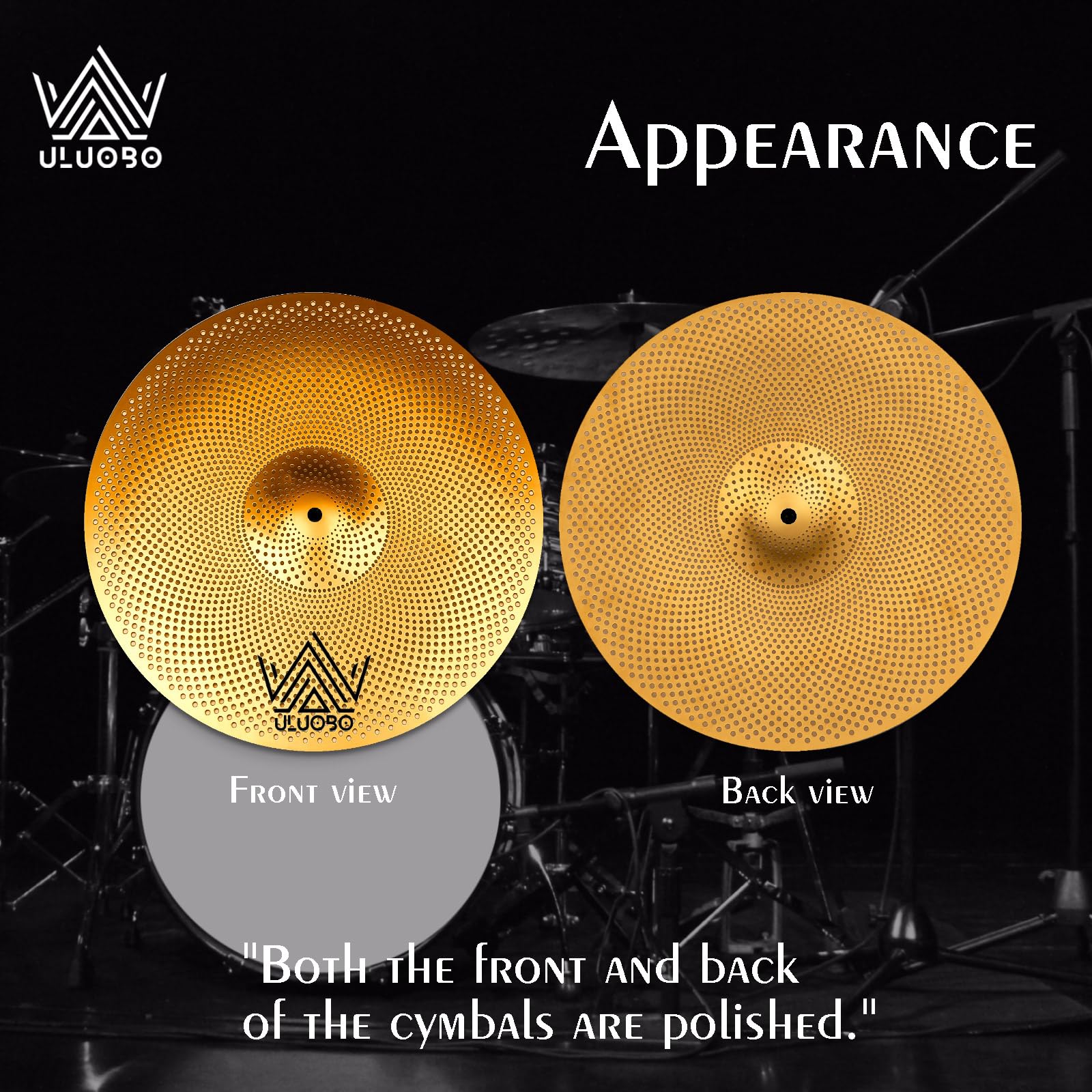 ULUOBO Low Volume Cymbal Pack, 9 Pieces Silent Cymbals, Quiet Cymbals Set for Drummer Practice, 6/8/10”Spalsh+14”Hihat+16″Crash+18”Crash+18”China+20″Ride, Gold