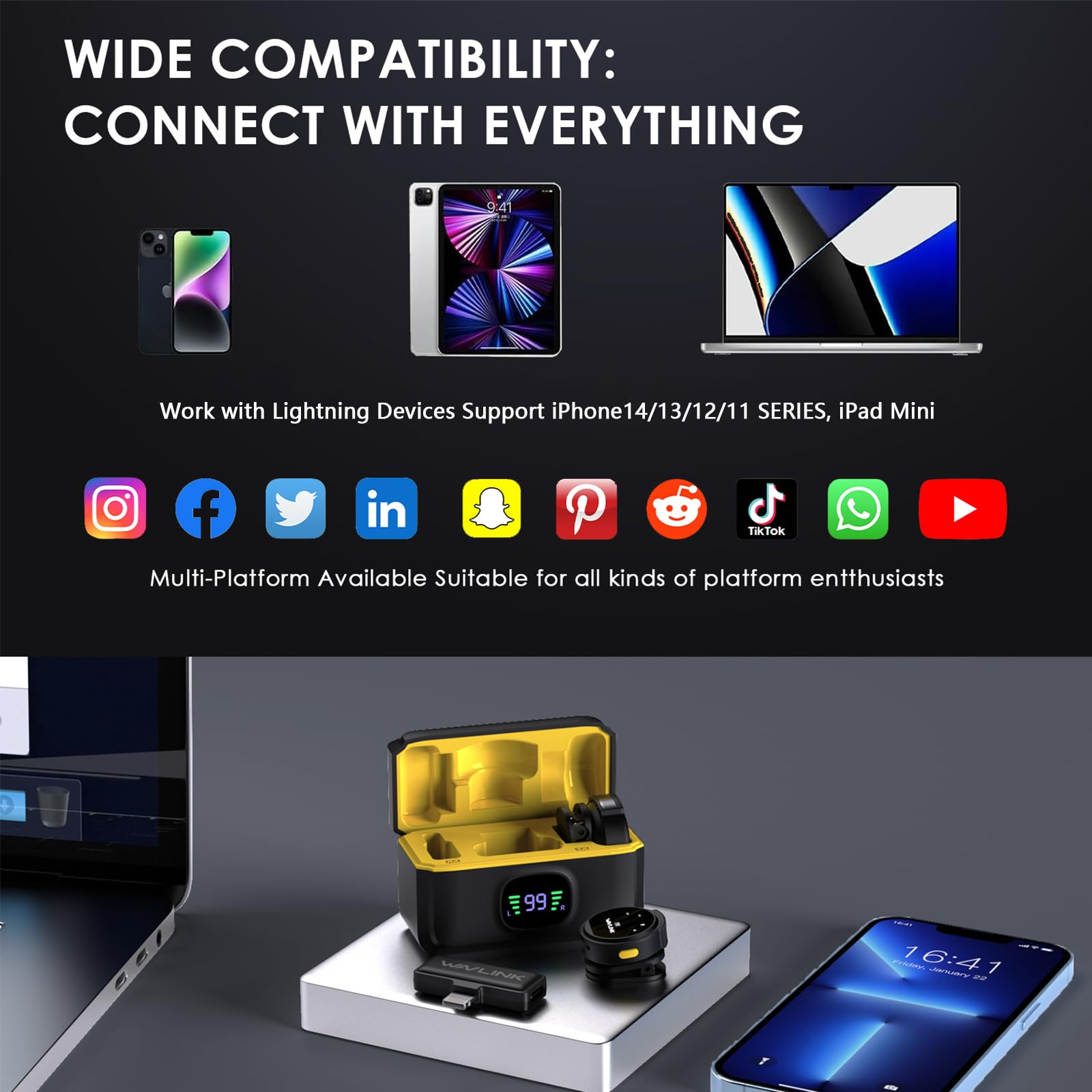 WAVLINK Wireless Lavalier Microphone for iPhone 16/15/14/13/12 Android Vlog, Clip on Lapel Mic System & Lightning & USB-C Inputs & Battery Case for YouTube Facebook Live, Video Recording(1*TX+1*RX)