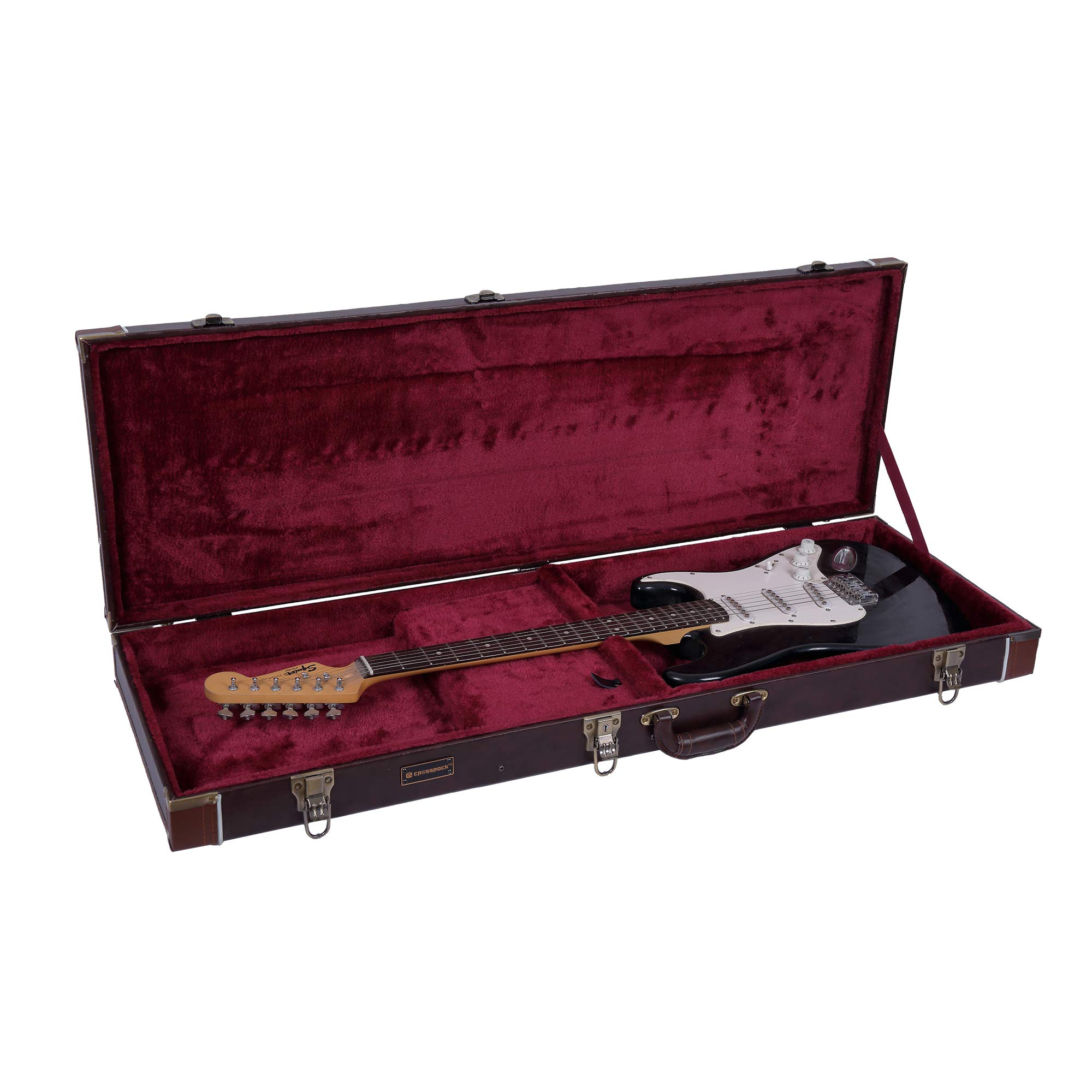 Crossrock Electric Guitar Case Fits Fender Telecaster and Stratocaster- Sponge Lining, Metal Feet, Storage Space -Brown (CRW600EBR)