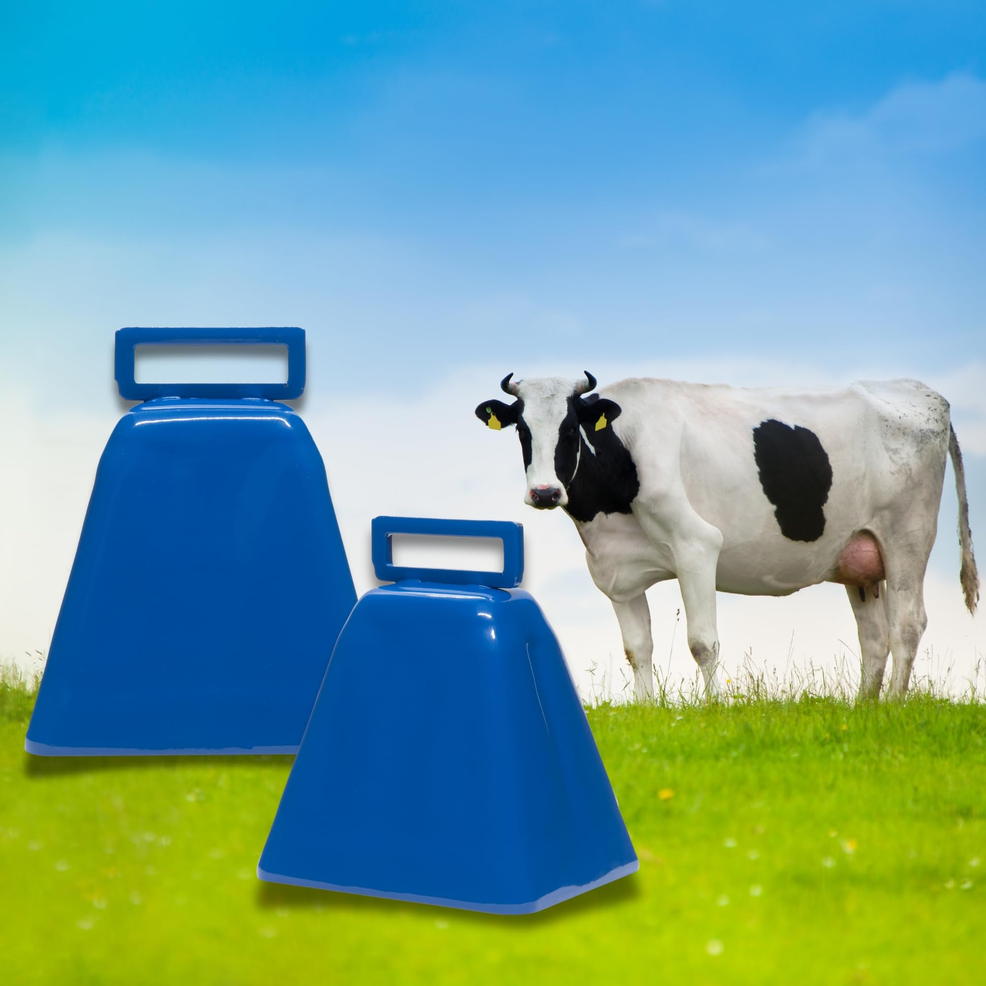 Bevin Bells Long Distance Cow Bells 10LD (Blue & Blue) | Christmas Bells | Made from Steel | Loud Noise Makers | w/White Strap Around The Handle | Easier to Hold | Made in CT, USA