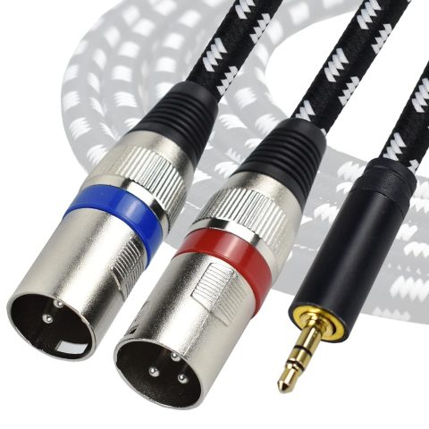 Mugteeve 3.5 mm to Dual XLR Male Y Splitter Cable, 3.3 Feet Stereo 1/8 Mini TRS Headphone Jack to L/R Double XLR Male Aux Cord, Noise Free, Nylon Braided, for Studio Monitor Speaker and Phones