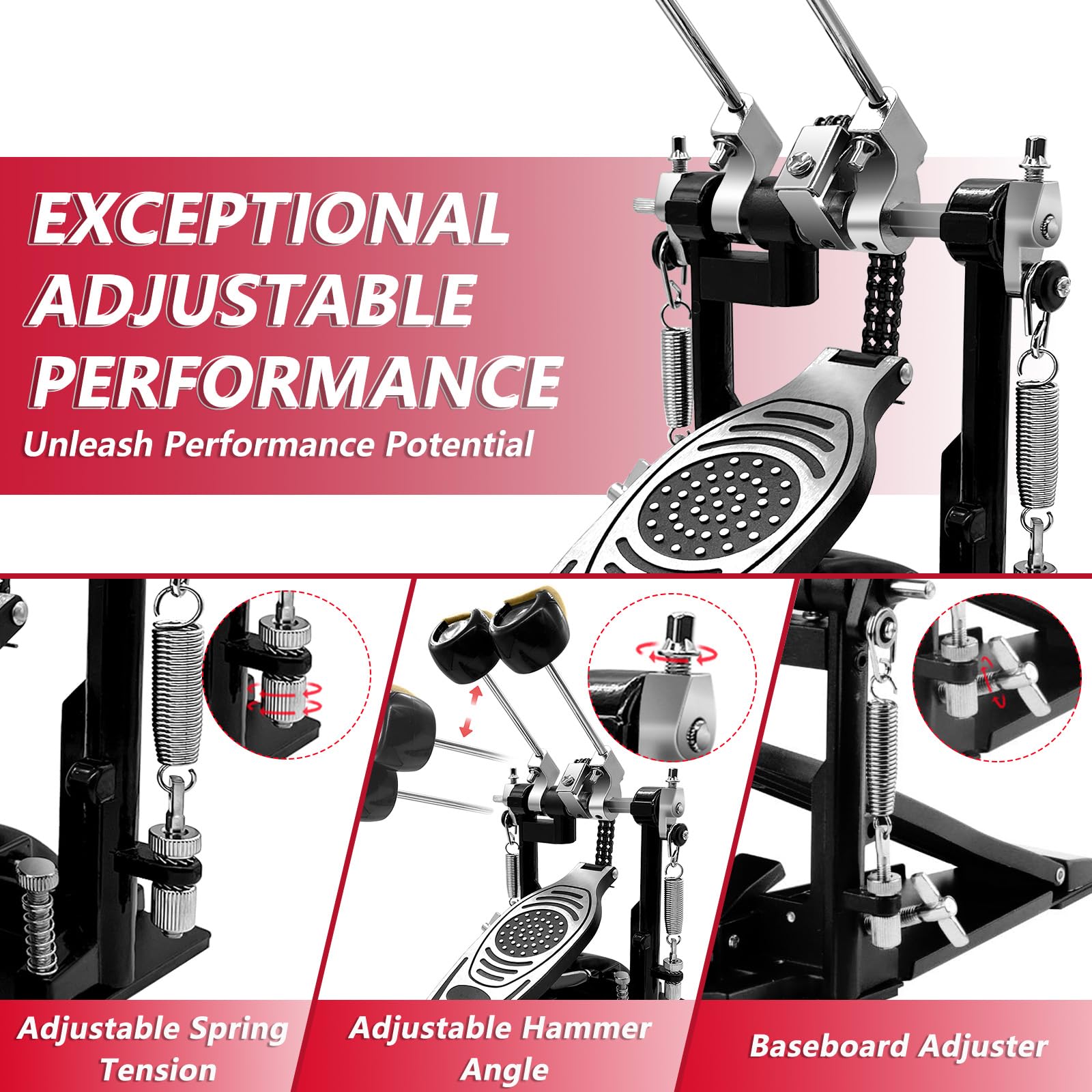 Double Bass Drum Pedal, Double Chain Drive Kick Pedal with Adjustable Beater