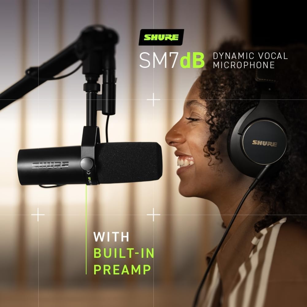 Shure SM7dB Dynamic Vocal Microphone w/Built-in Preamp for Streaming, Podcast, & Recording with Detachable Windscreen and 20ft XLR Cable