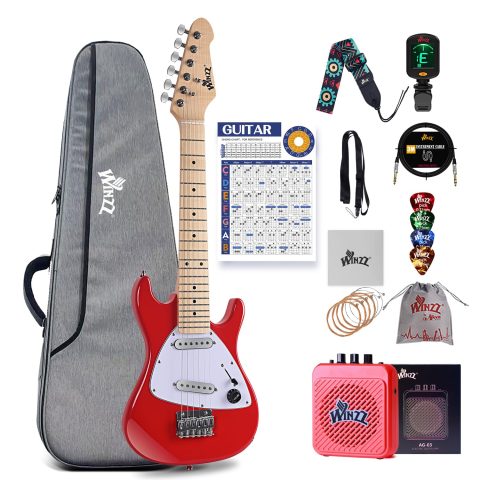 Winzz 30 Inch Kids Electric Guitar Beginner Kit, Junior 1/4 Size Mini Electric Guitar for Children Complete Stater Set with Amp, Gloosy Red Colour