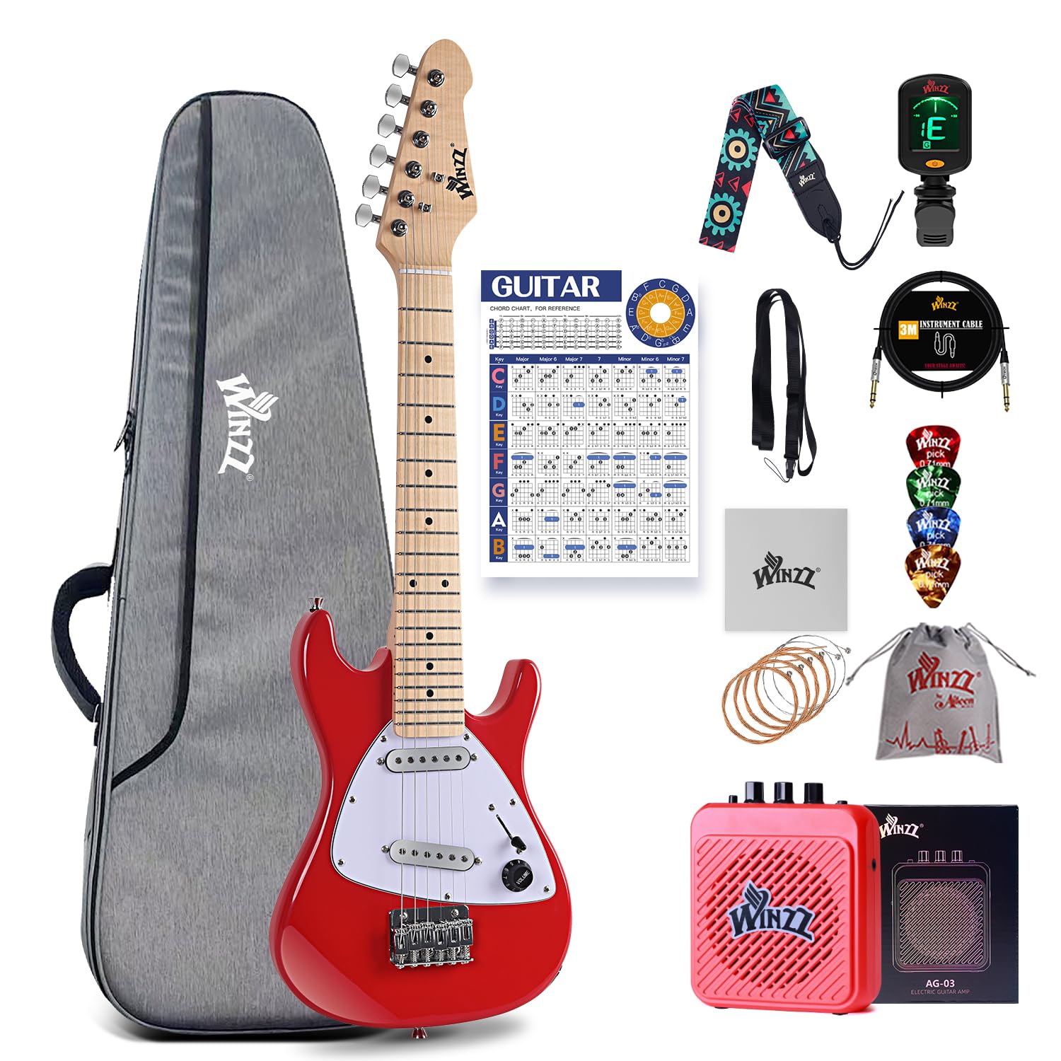 Winzz 30 Inch Kids Electric Guitar Beginner Kit, Junior 1/4 Size Mini Electric Guitar for Children Complete Stater Set with Amp, Gloosy Red Colour