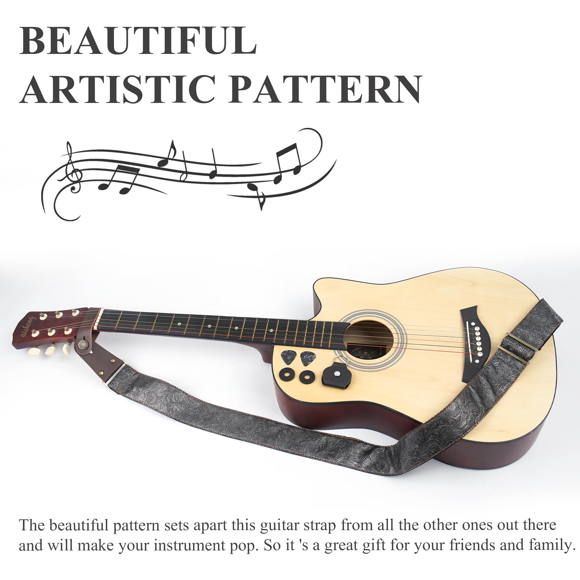 LIZIMANDU Adjustable Guitar Strap Includes 2 Strap Locks & 2 Matching Picks & 1 Picks Holder & 1 leather Strap Button(1-Carving Silver)
