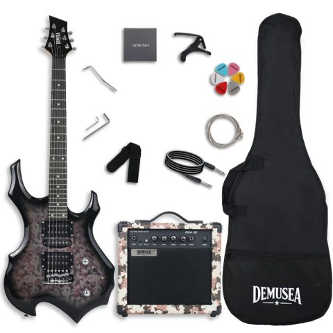 Demusea Full Size Electric Guitar Kit With 20W Amplifier Set Digital Camouflage Color Solid Body Maple Neck 24F Single Tremolo 5Ways Toggle 1V 1T Heavy Rock Guitar (FIRE. PINK CAMO)