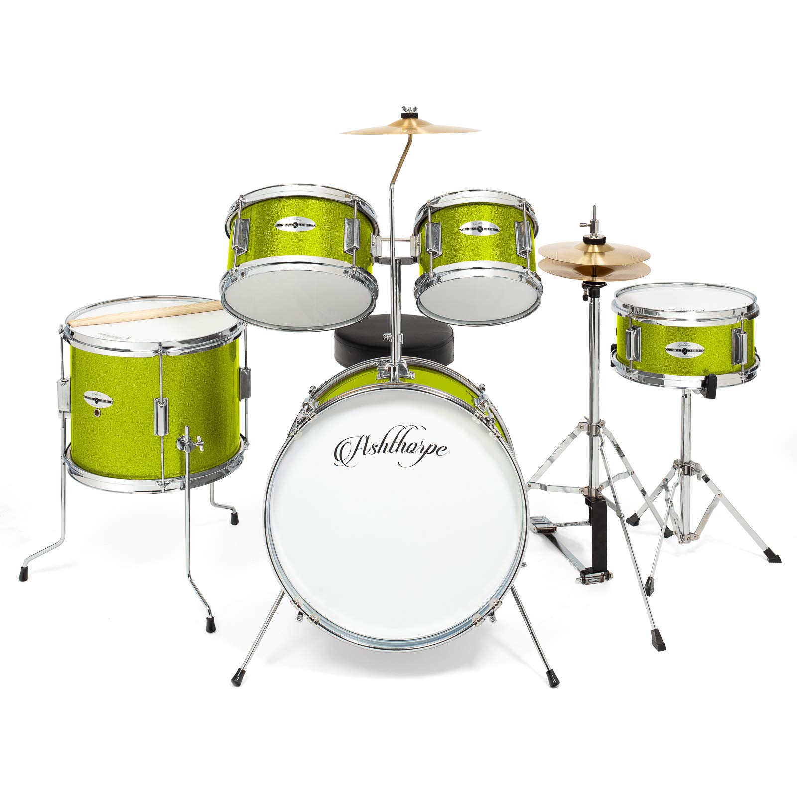 Ashthorpe 5-Piece Complete Kids Drum Set with Genuine Brass Cymbals – Junior Beginner Kit with 16″ Bass, Throne, Hi-Hats, Pedals & Drumsticks – Green