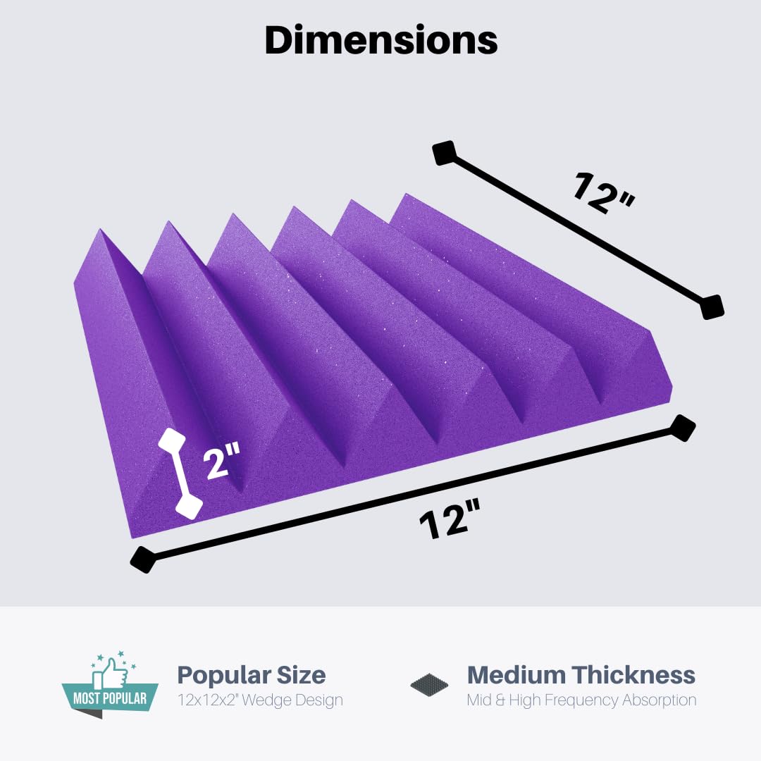 Soundproofing Acoustic Studio Foam – Purple Color – Wedge Style Panels 12”x12”x2” Tiles – 4 Pack