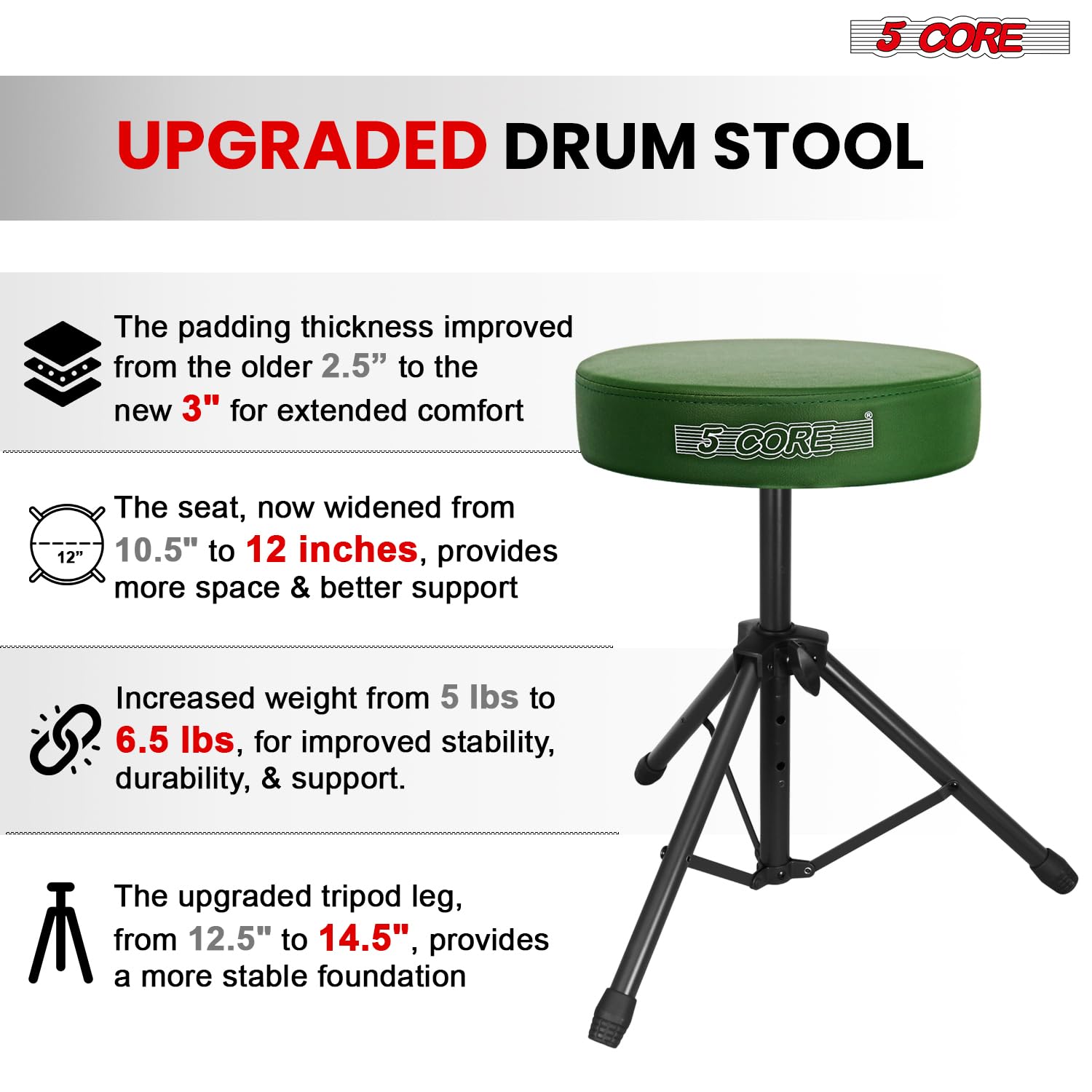 5 CORE Drum Throne Padded 3″ Seat Adjustable Drumming Stool Deep Green