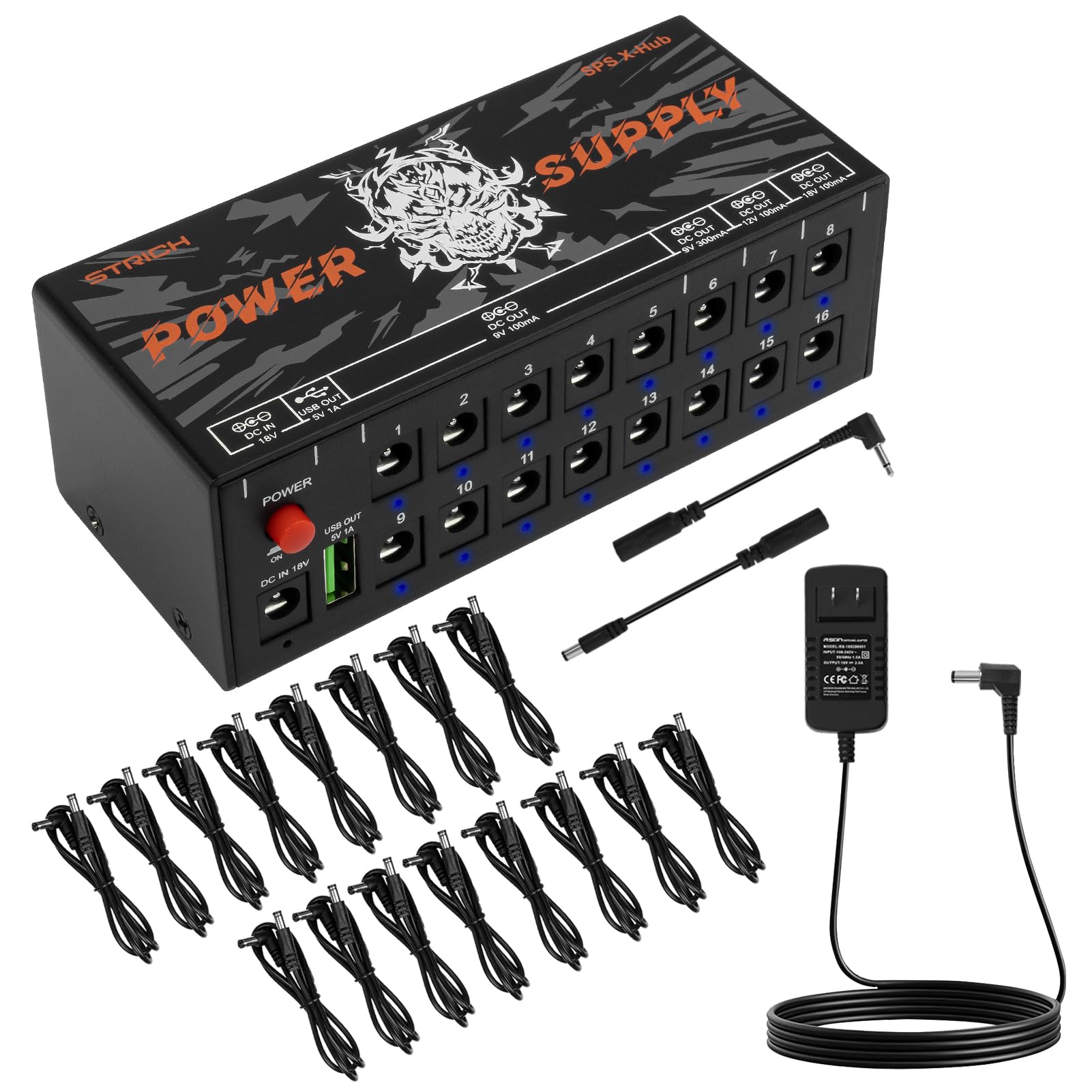 STRICH SPS X-Hub Guitar Pedal Power Supply, 16 Outputs, 9V/12V/18V