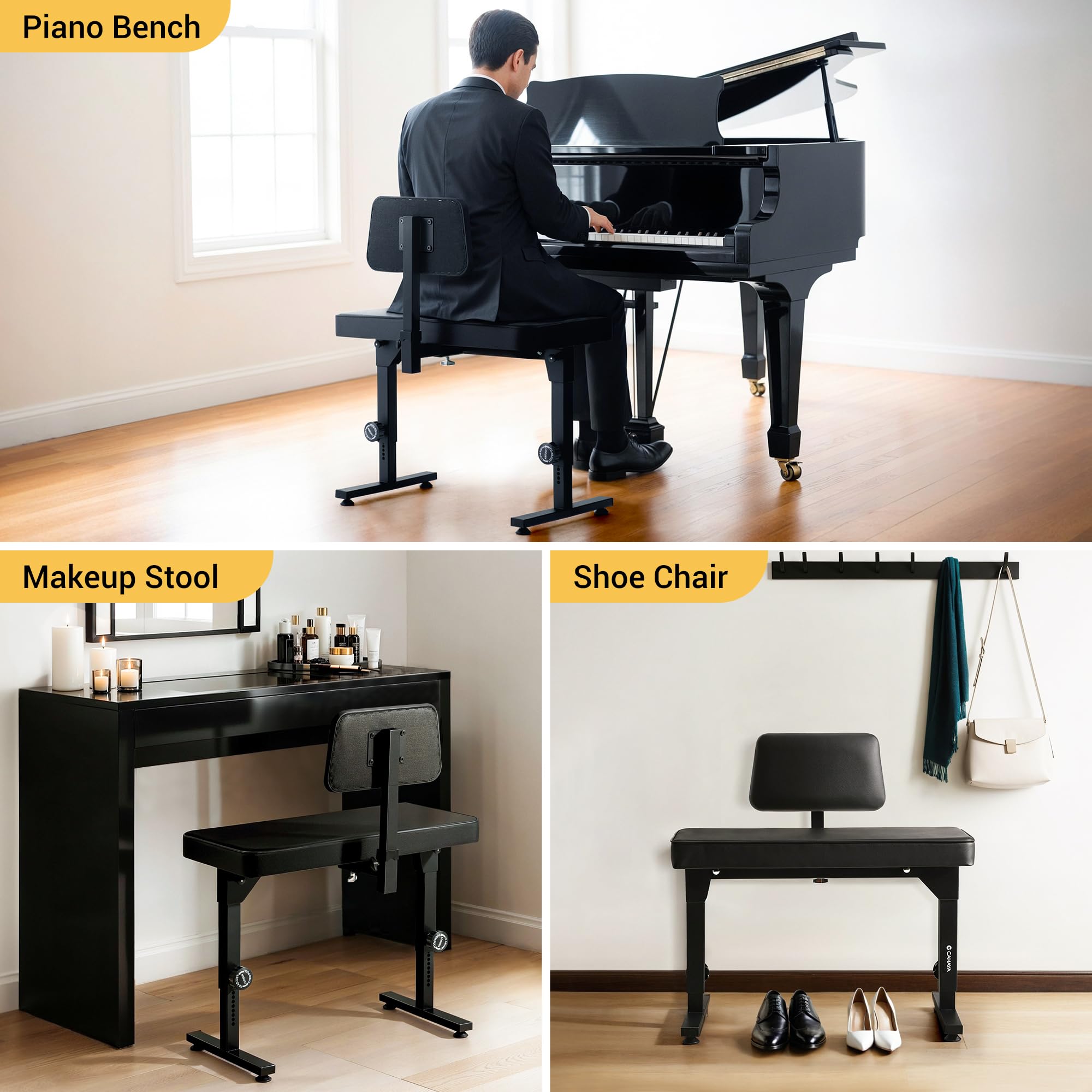 CAHAYA Foldable Adjustable Piano Bench: Portable Keyboard Stool 200kg Capacity Height & Backrest Adjustable for Kids/Adults Perfect for Home Studio Teaching & Outdoor Performances