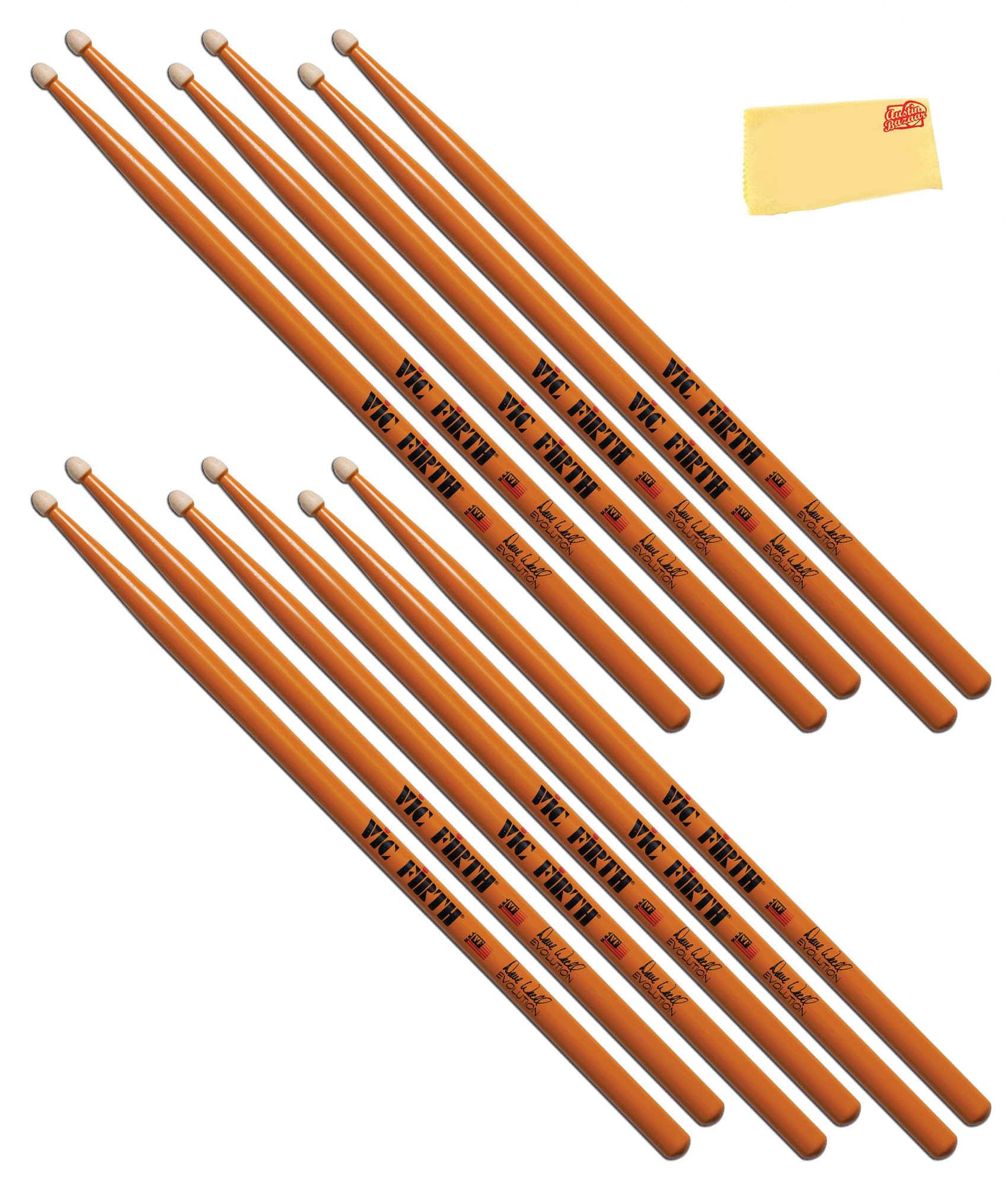 Vic Firth SDW2 Signature Series Dave Weckl Evolution Drumsticks – 6-Pack Bundle with Austin Bazaar Polishing Cloth