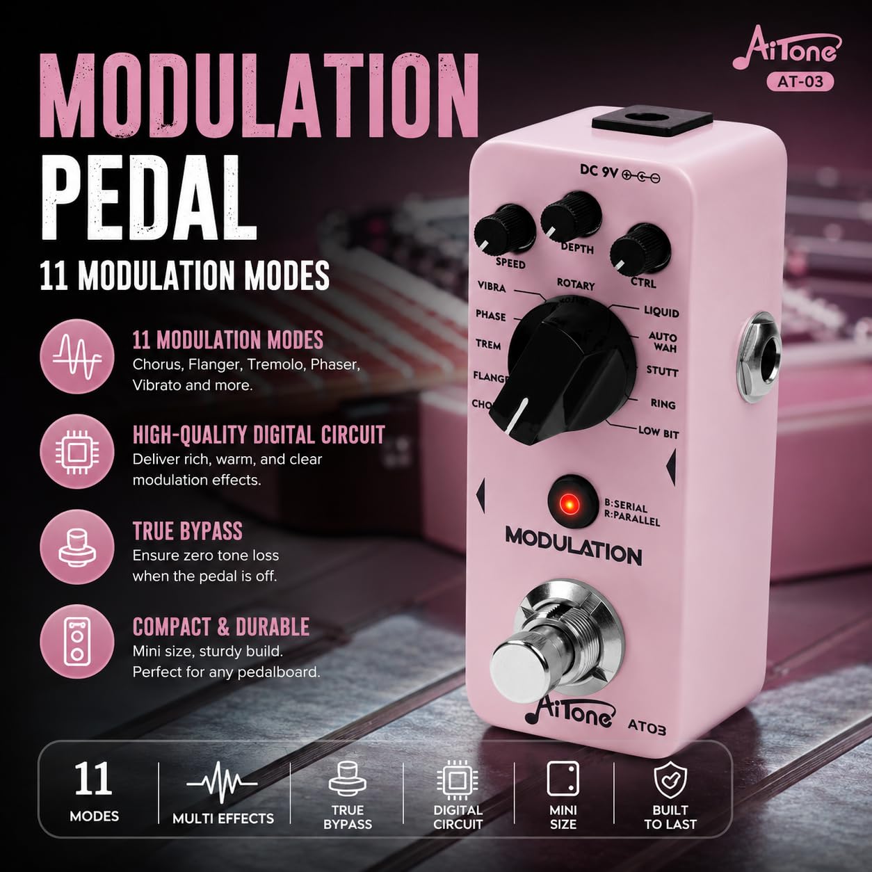 AITONE Guitar Modulation Pedal, 11 Effects, Chorus Flanger Phaser (AT-03)