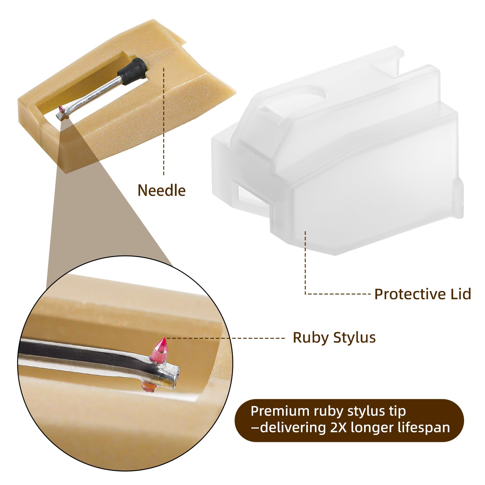 3 Pack Ruby Record Player Needles, Replacement for Crosley Victrola ION Jenson Boytone Turntables, with Stylus Cleaner Brush (Light Tan)