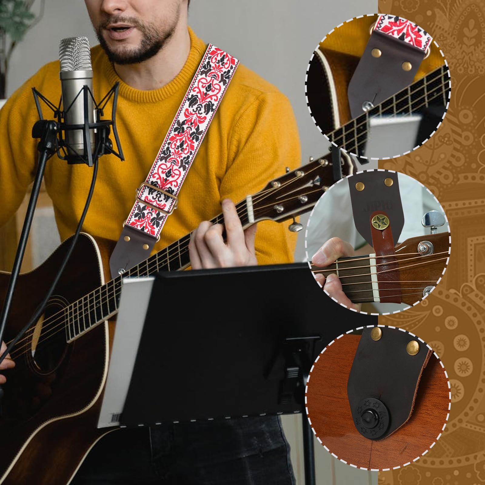 Guitar Strap,Jacquard Cotton Guitar Straps with Real Leather Ends for Acoustic,Electric Guitars and Bass,with Free 1 Head strap, 2 Anti Slip Buckle and 3 Guitar Picks (GS-75-5 Meter red jacquard)