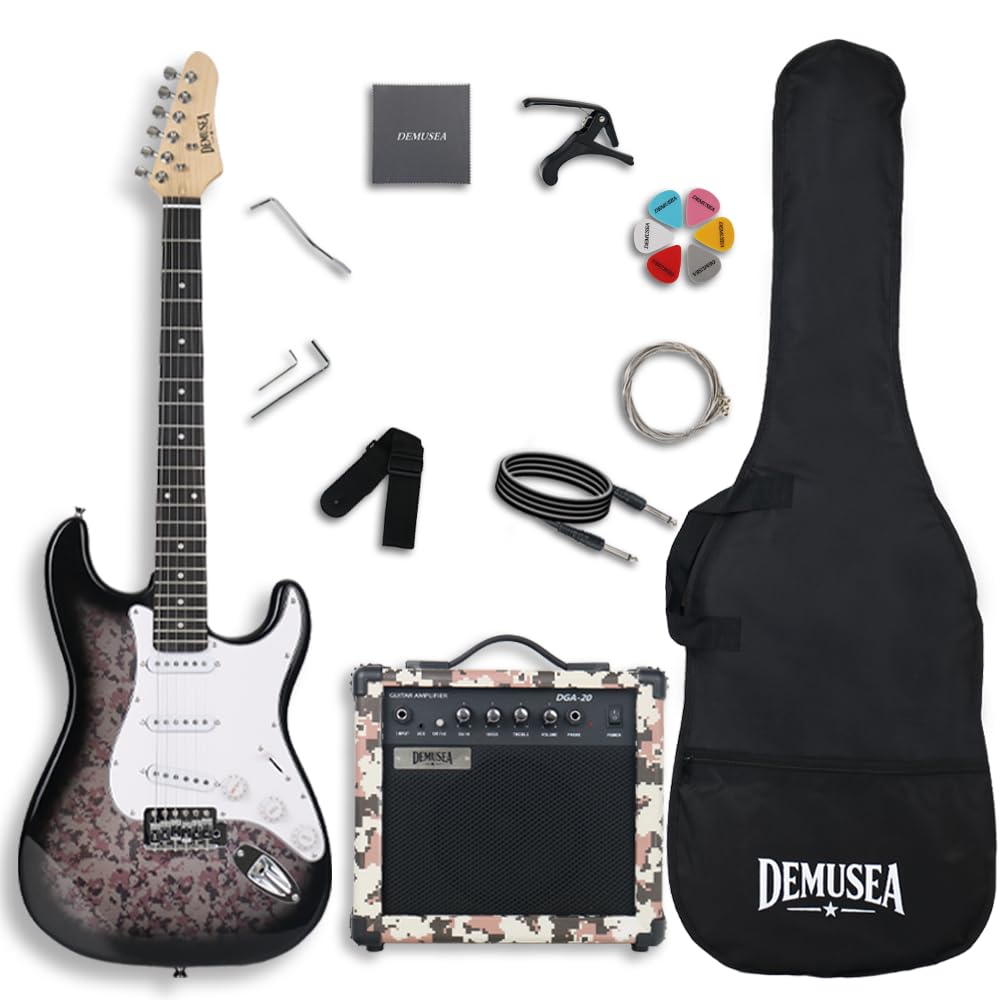 Full Size Camo Electric Guitar Kit With 20W Amp Bundle Noiseless Cable Bag Picks Capo String Strap Guitar Cloth tremolo Bar Wrenches In As Free 39Inch Guitar Solid Body 6.5Inch Speaker (ST Camo Pink)