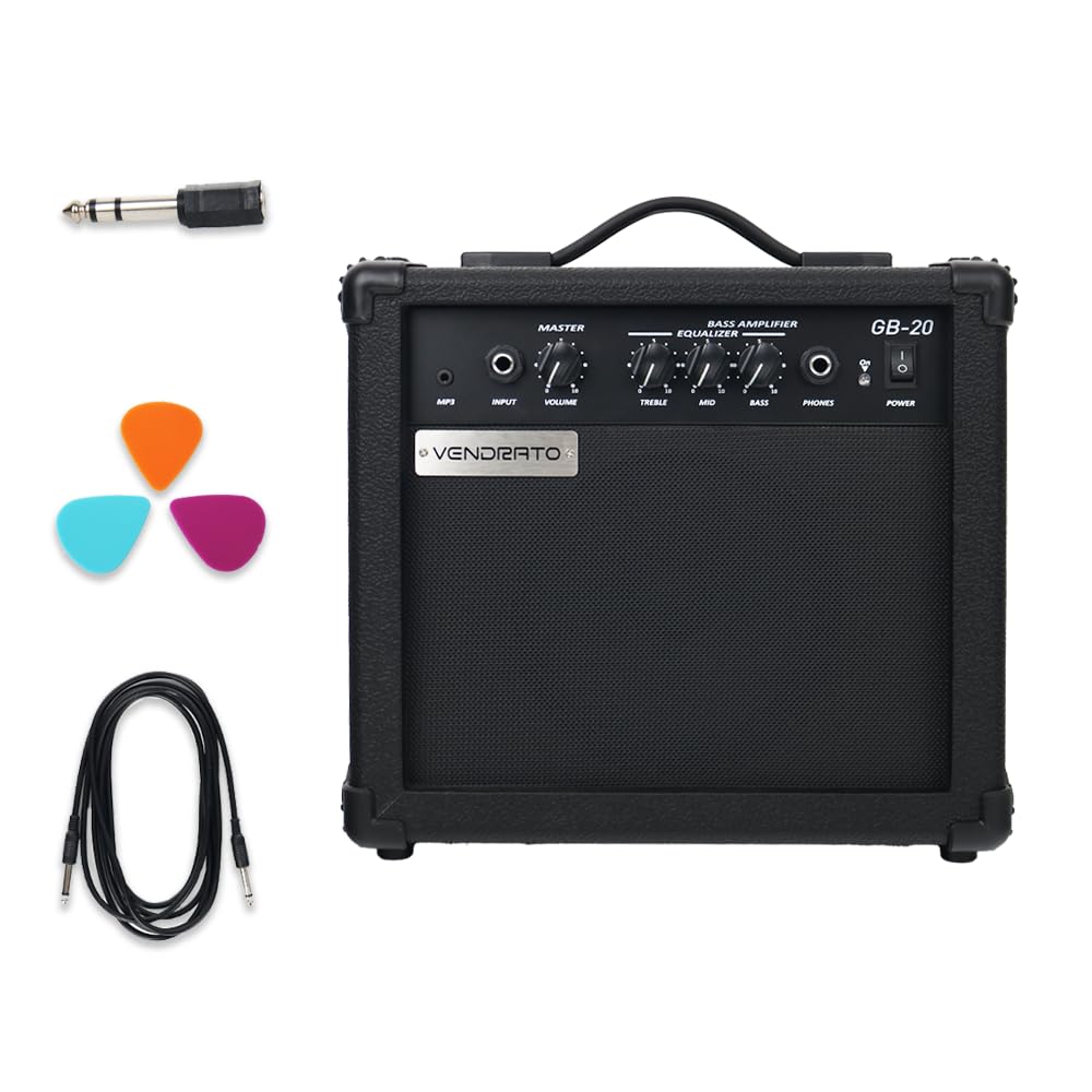 Vendrato Electric Bass Amplifier 20w amp Black Color Multi Band Treble Middle bass mp3 Headphone Jack Portable for Starter Beginner Practice Travel bass Amp noiseless Cable Picks and Adapter with